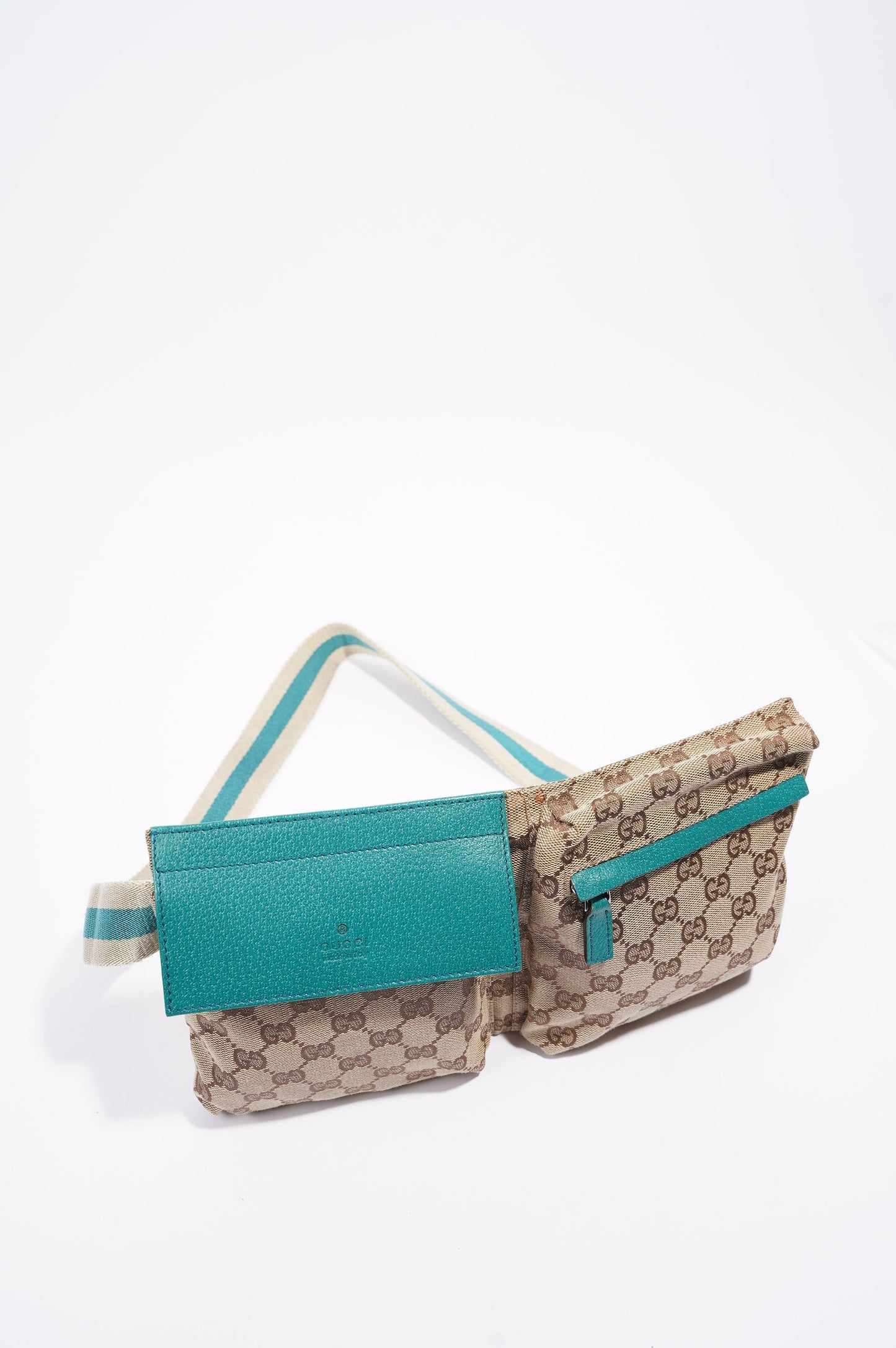 Gucci Womens Vintage GG Canvas Belt Bag Beige Teal