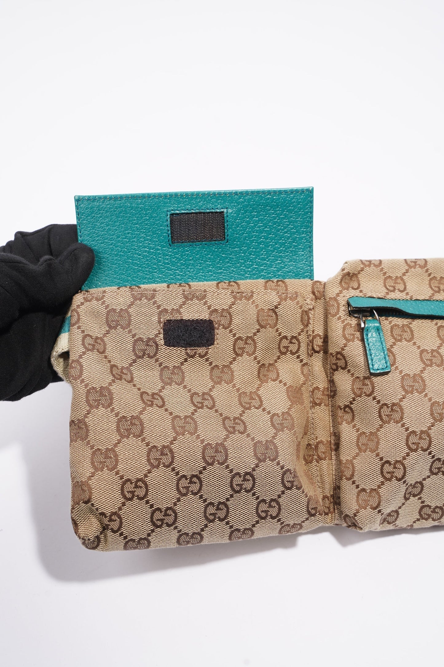 Gucci Womens Vintage GG Canvas Belt Bag Beige Teal