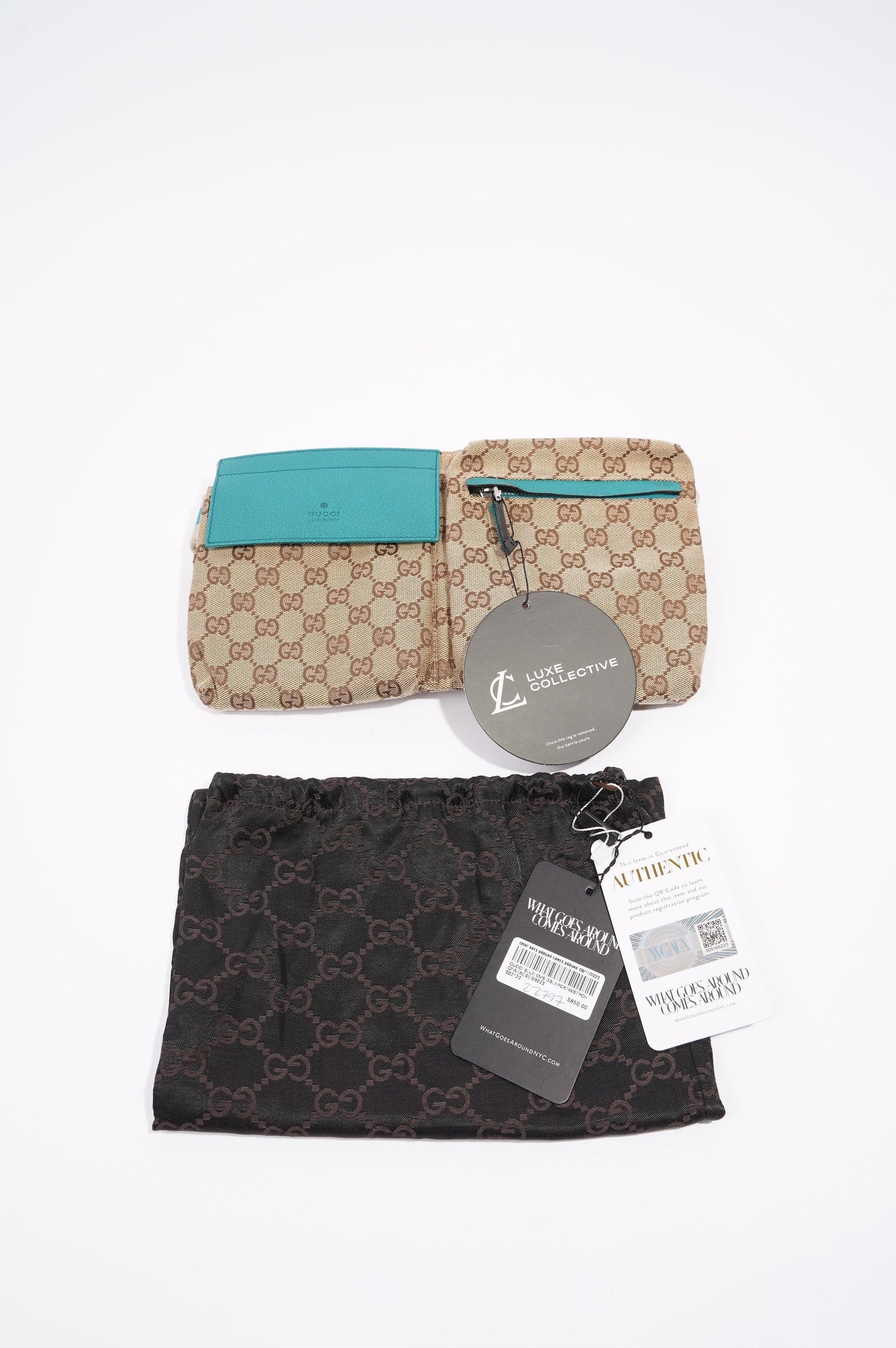 Gucci Womens Vintage GG Canvas Belt Bag Beige Teal