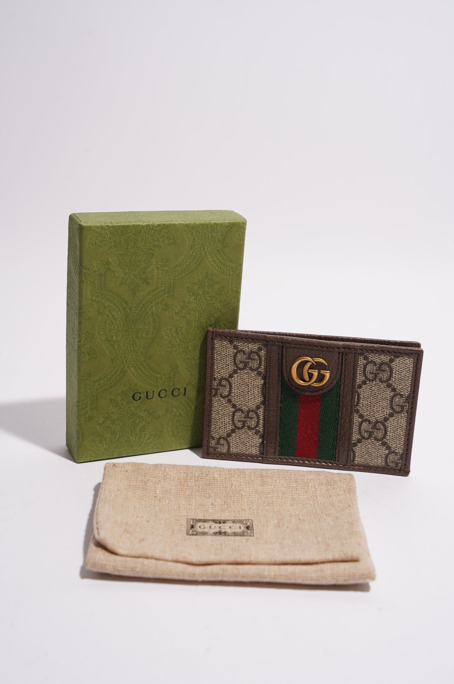 Gucci Womens Web Card Holder Brown Canvas / Leather
