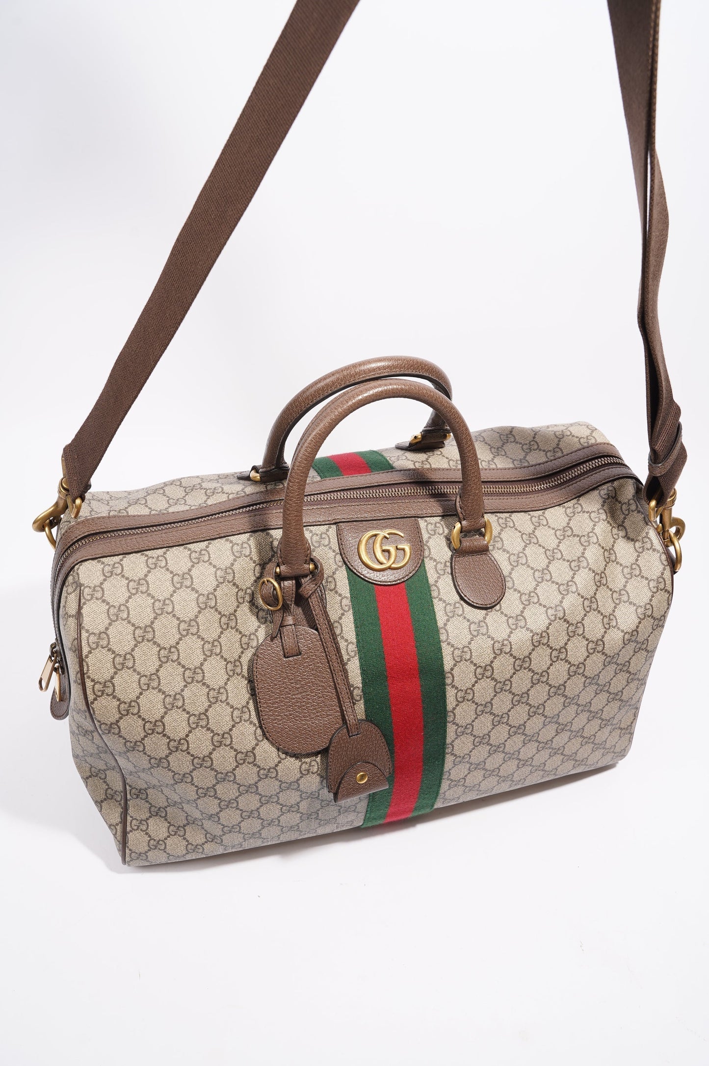Gucci Womens Ophidia Carry On Duffle Bag Brown Canvas Medium