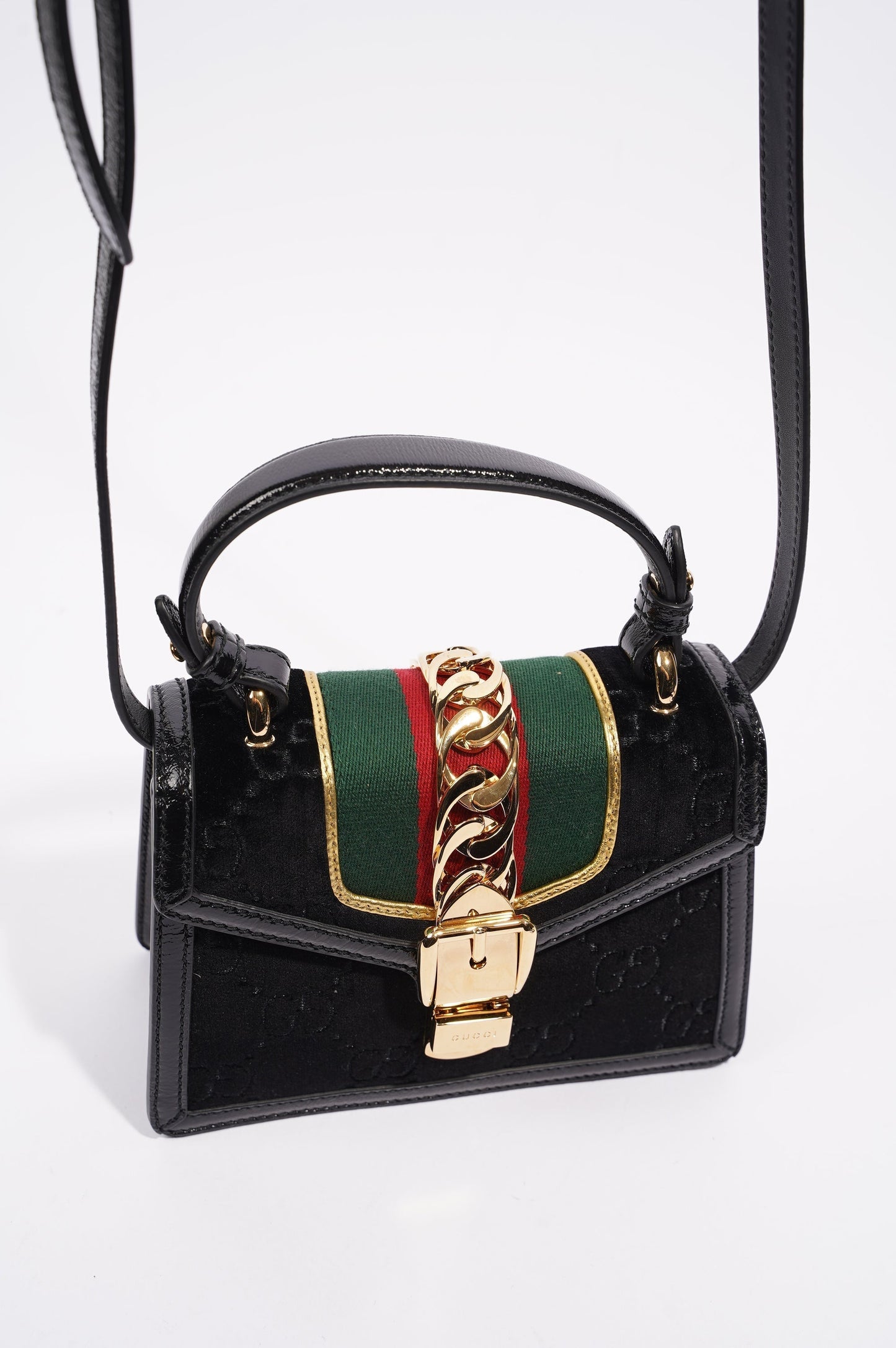 Gucci Womens Sylvie Mini Bag Black Velvet / Green / Red