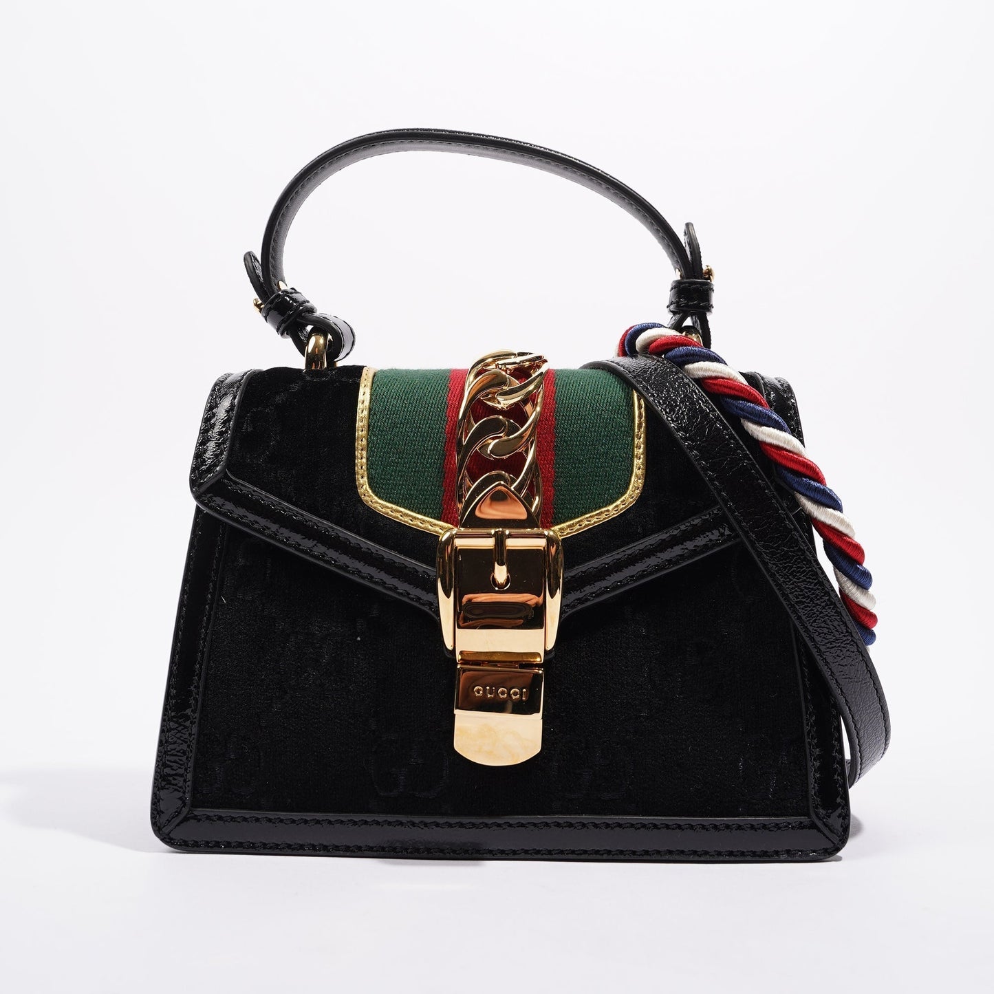 Gucci Womens Sylvie Mini Bag Black Velvet / Green / Red