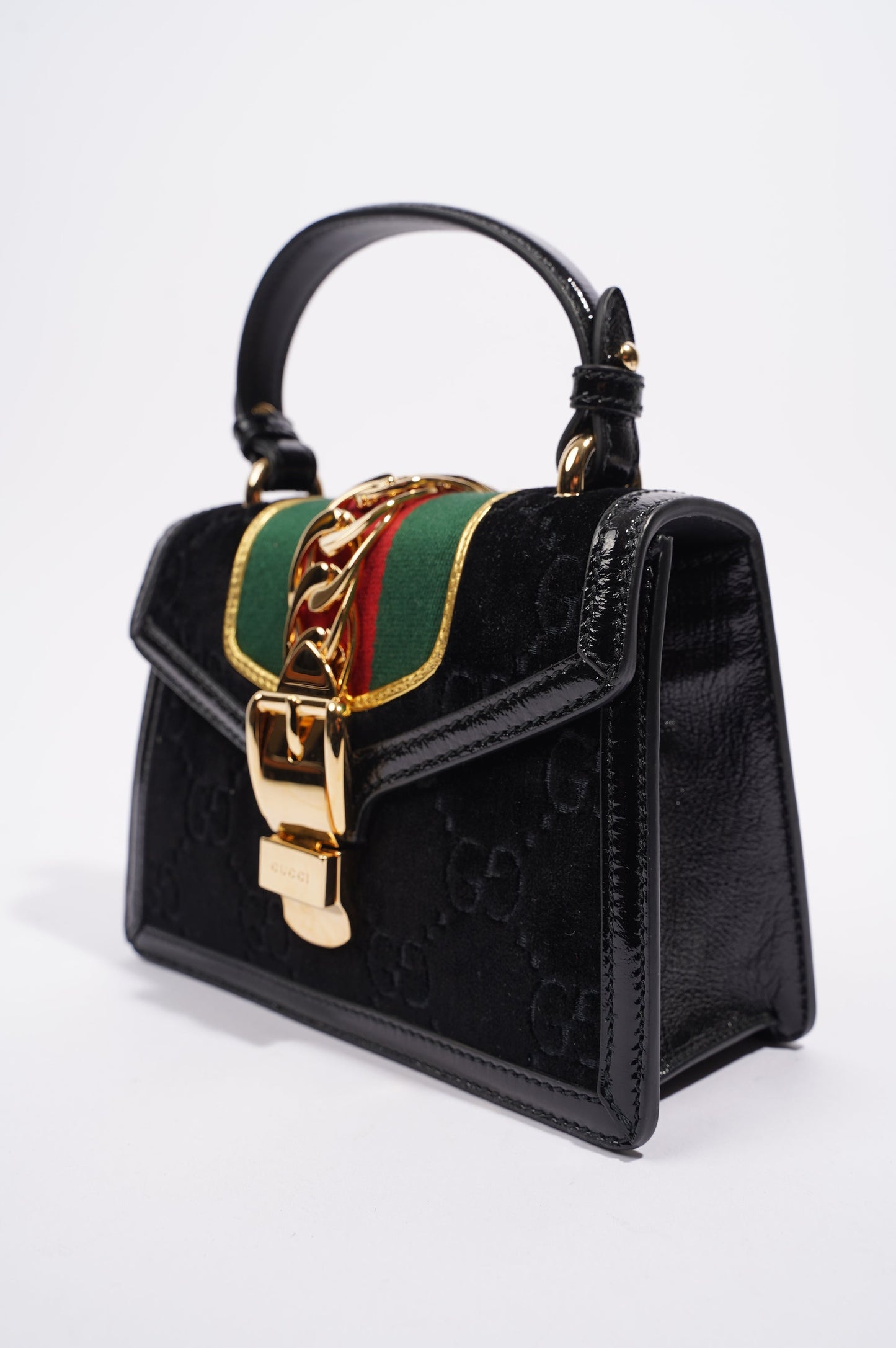 Gucci Womens Sylvie Mini Bag Black Velvet / Green / Red