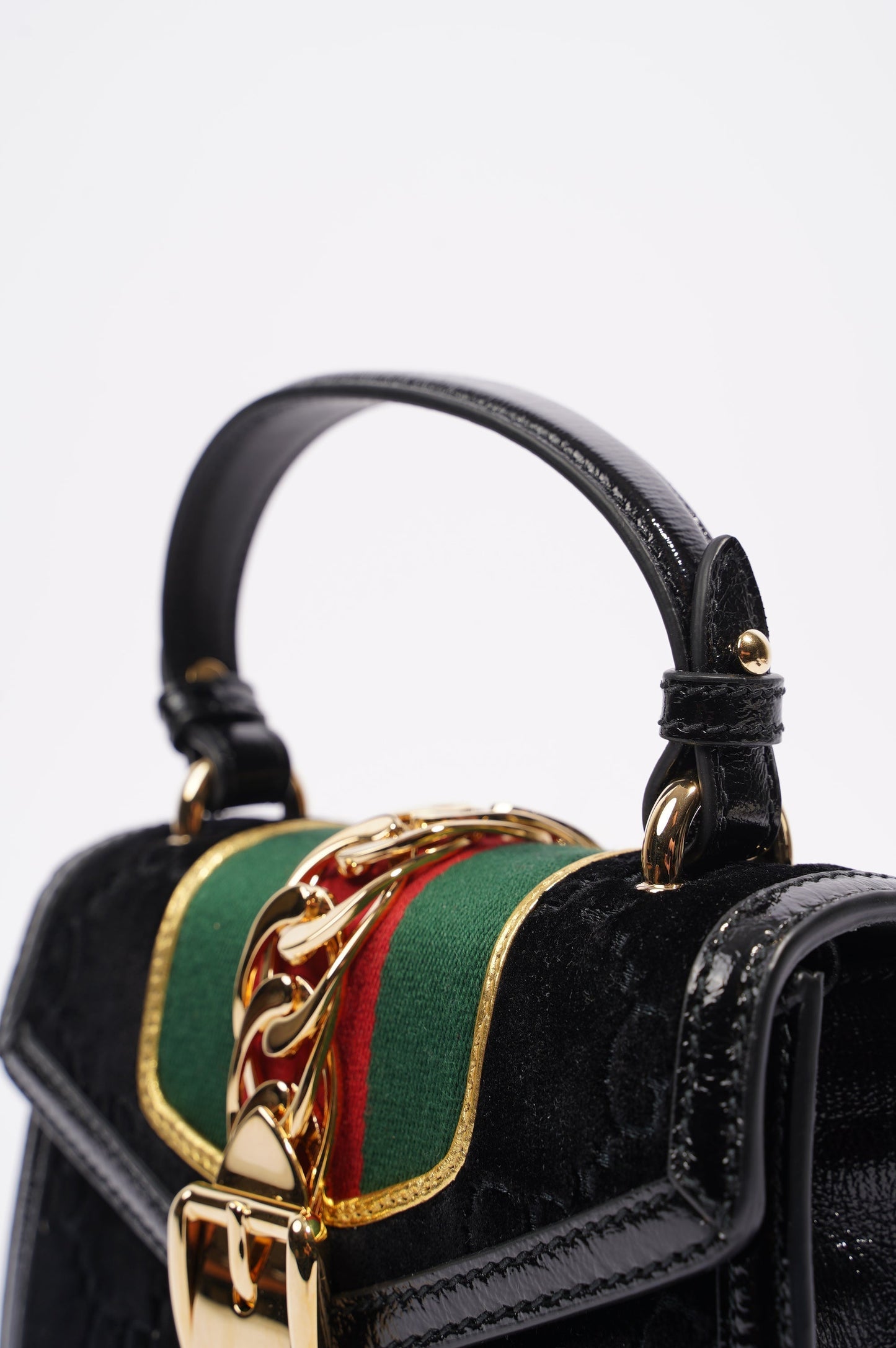 Gucci Womens Sylvie Mini Bag Black Velvet / Green / Red