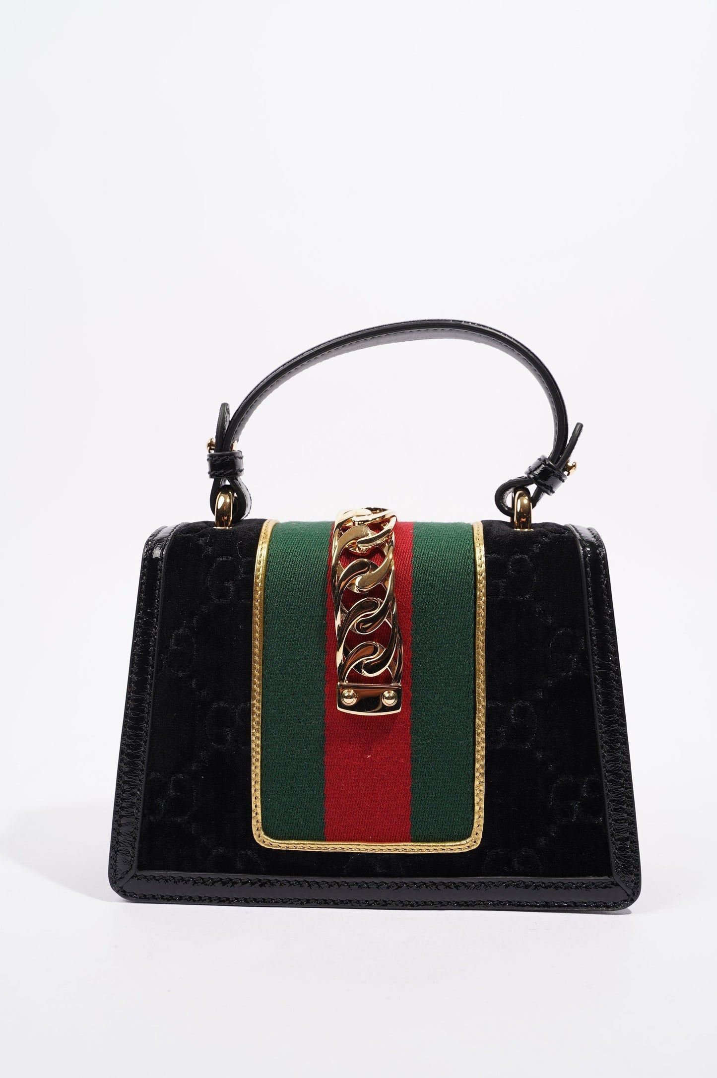 Gucci Womens Sylvie Mini Bag Black Velvet / Green / Red