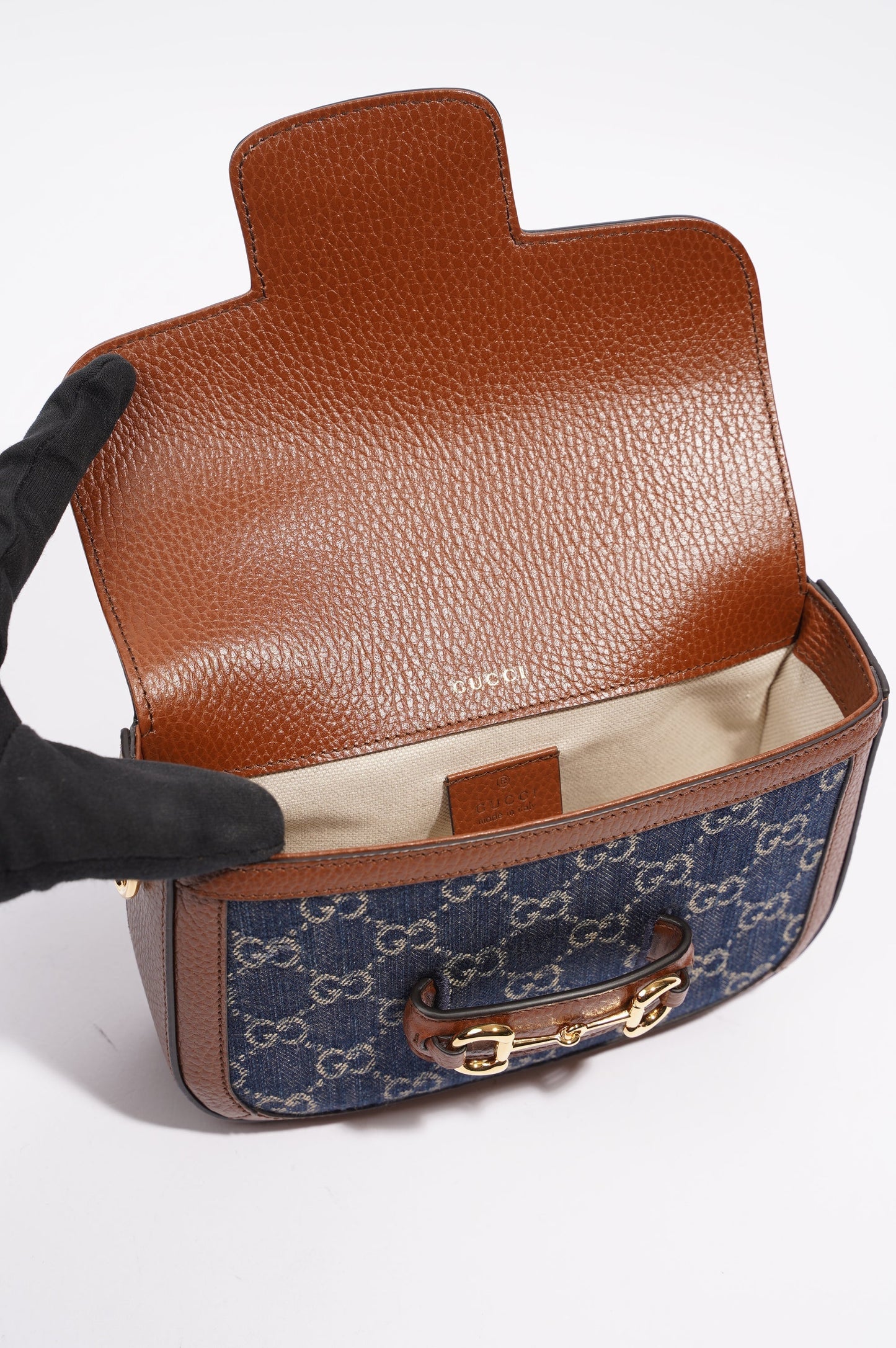 Gucci Womens Horsebit 1955 Mini Bag Denim / Brown