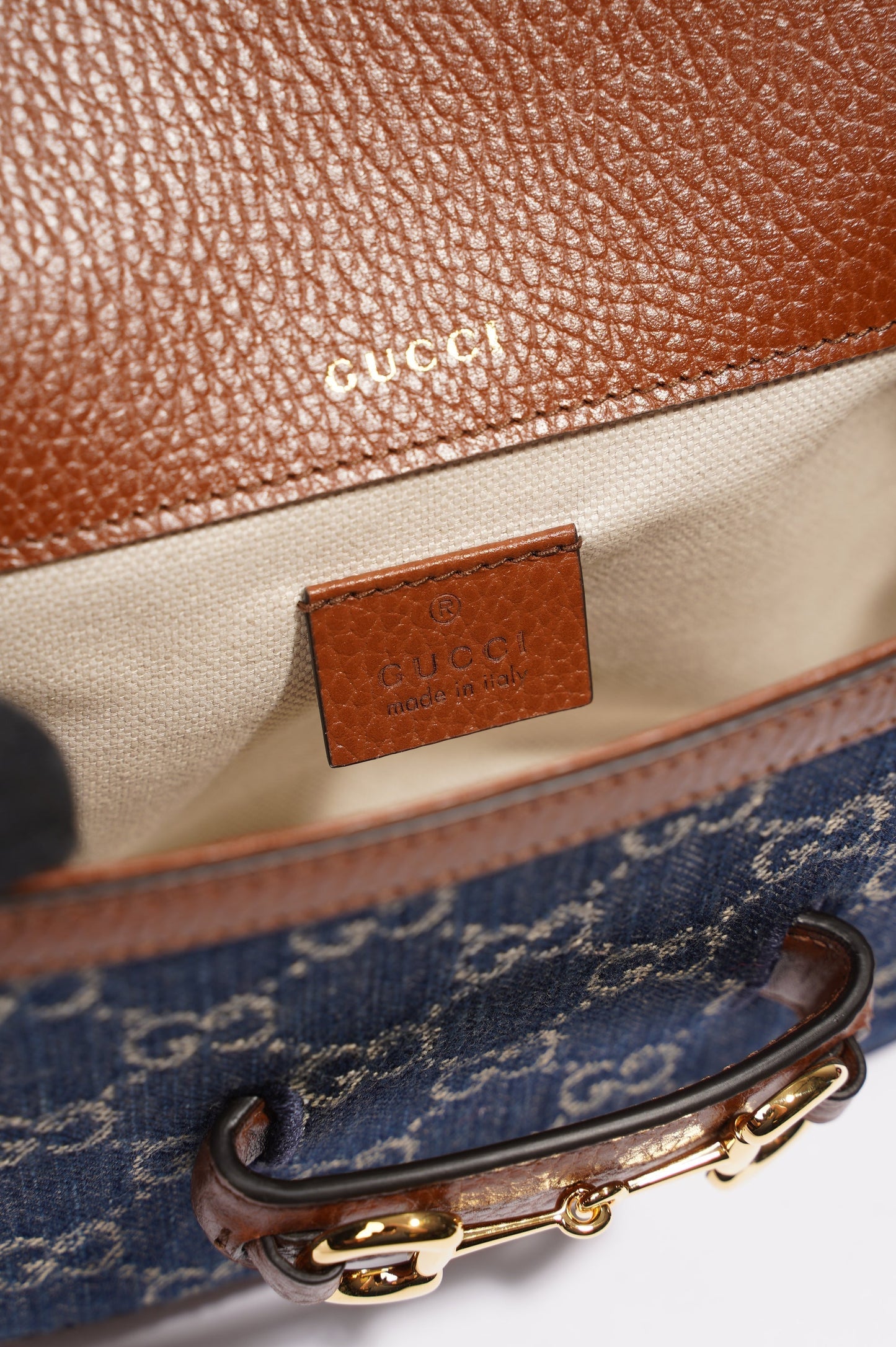Gucci Womens Horsebit 1955 Mini Bag Denim / Brown