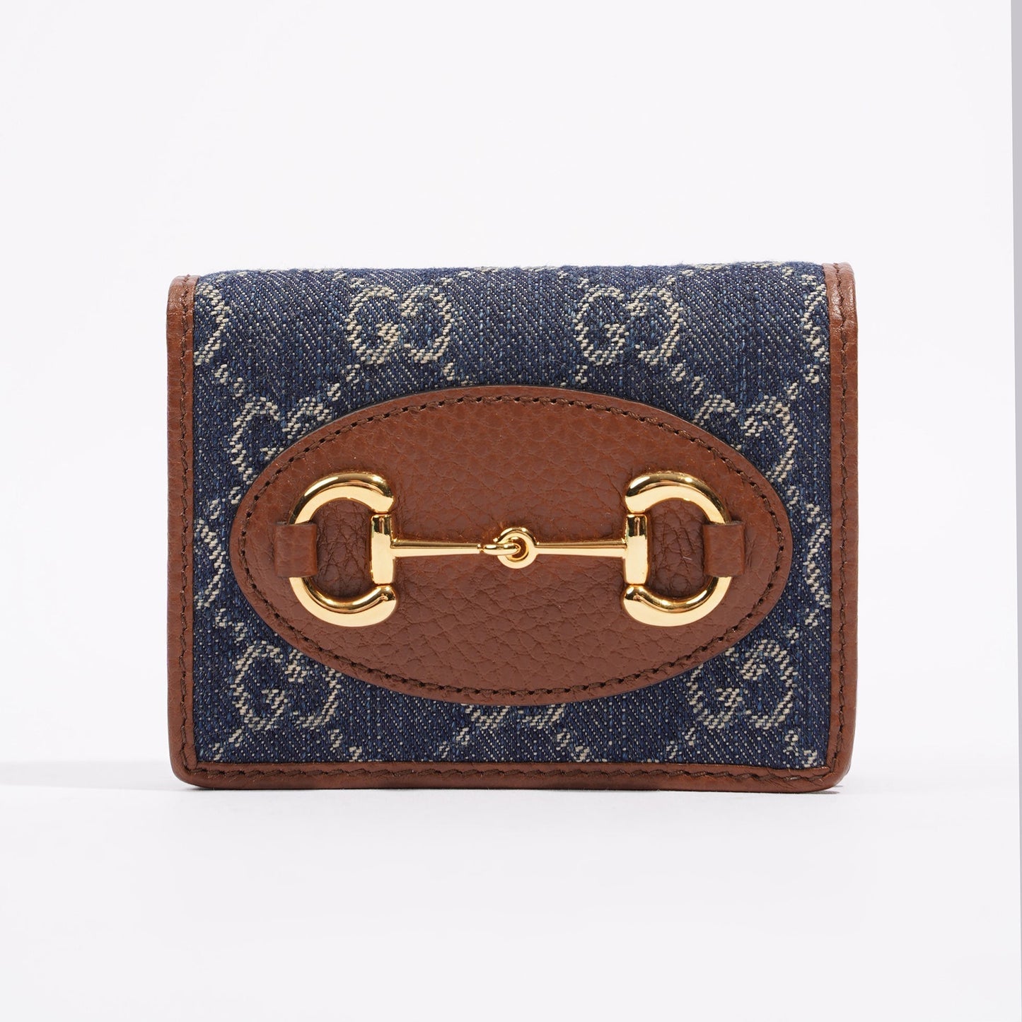 Gucci Womens Horsebit 1955 Card Case Wallet Denim / Brown
