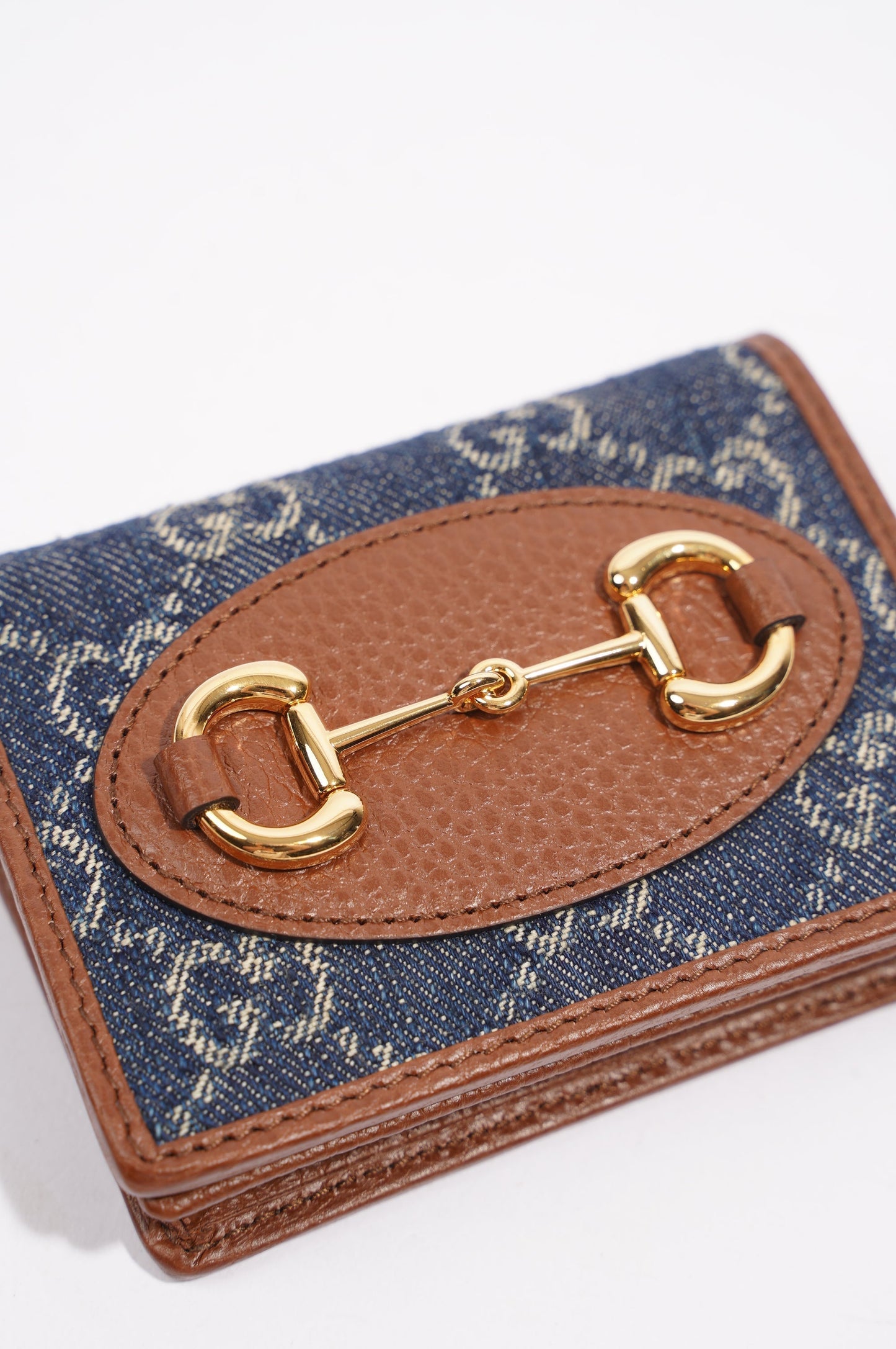 Gucci Womens Horsebit 1955 Card Case Wallet Denim / Brown