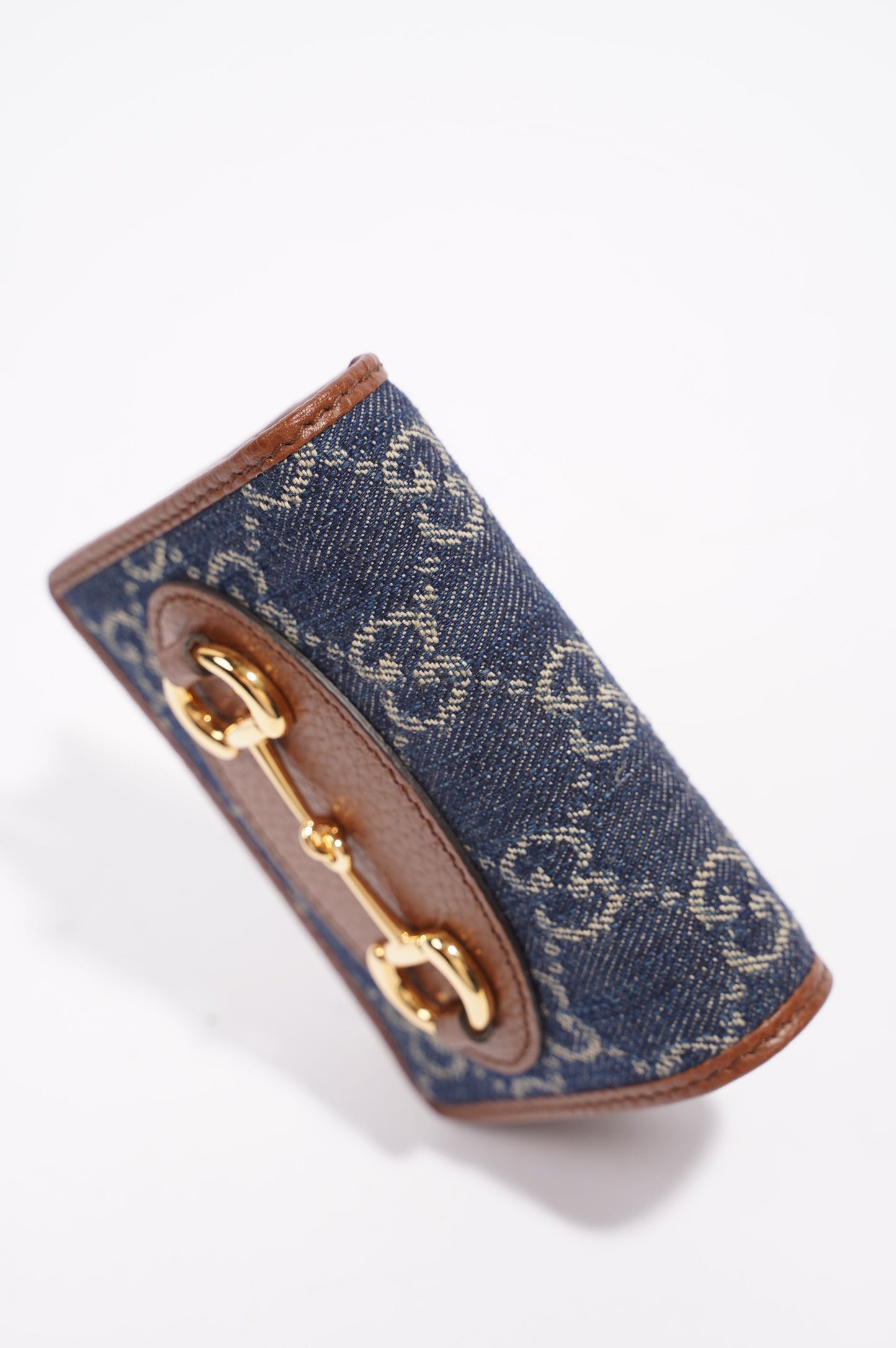 Gucci Womens Horsebit 1955 Card Case Wallet Denim / Brown