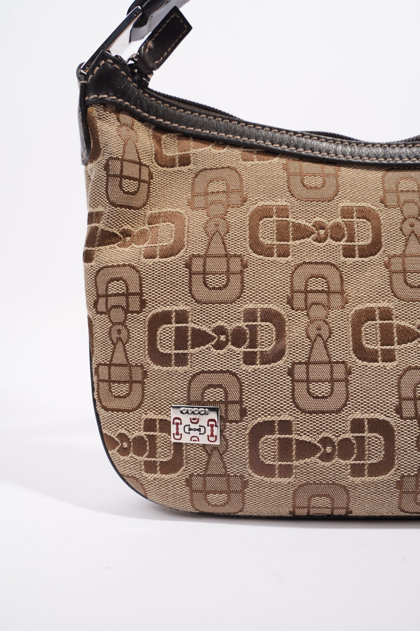 Gucci Womens Horsebit Canvas Shoulder Bag Brown Large