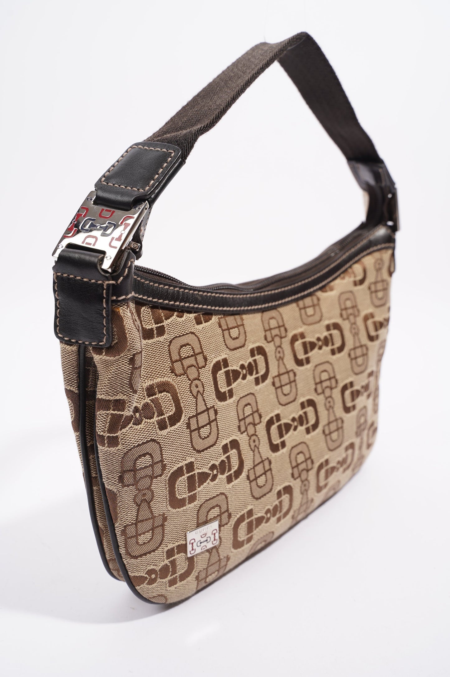 Gucci Womens Horsebit Canvas Shoulder Bag Brown Large