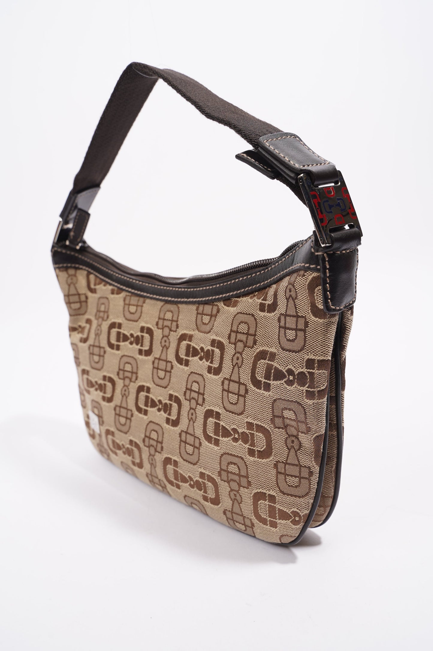 Gucci Womens Horsebit Canvas Shoulder Bag Brown Large