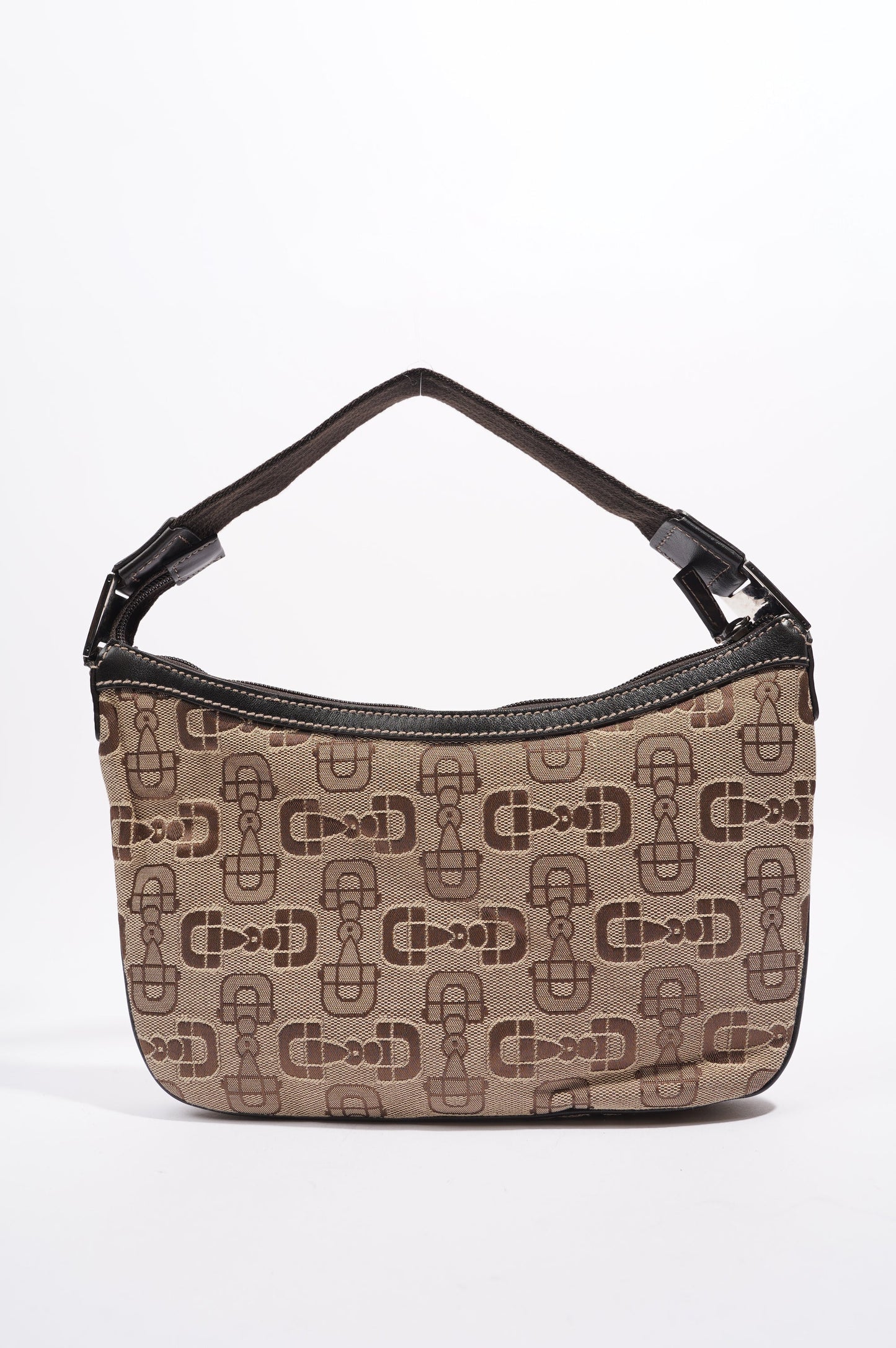 Gucci Womens Horsebit Canvas Shoulder Bag Brown Large