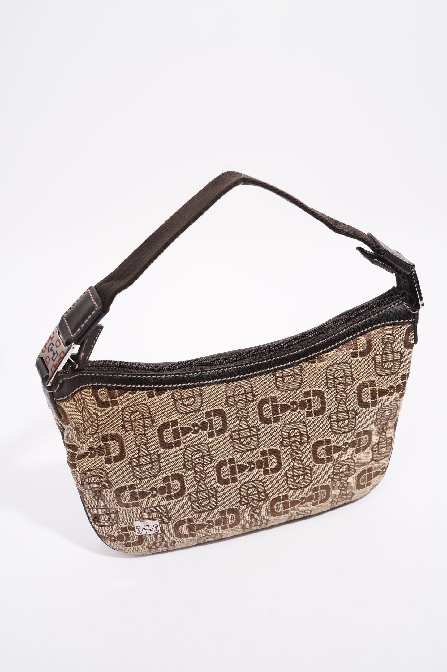 Gucci Womens Horsebit Canvas Shoulder Bag Brown Large