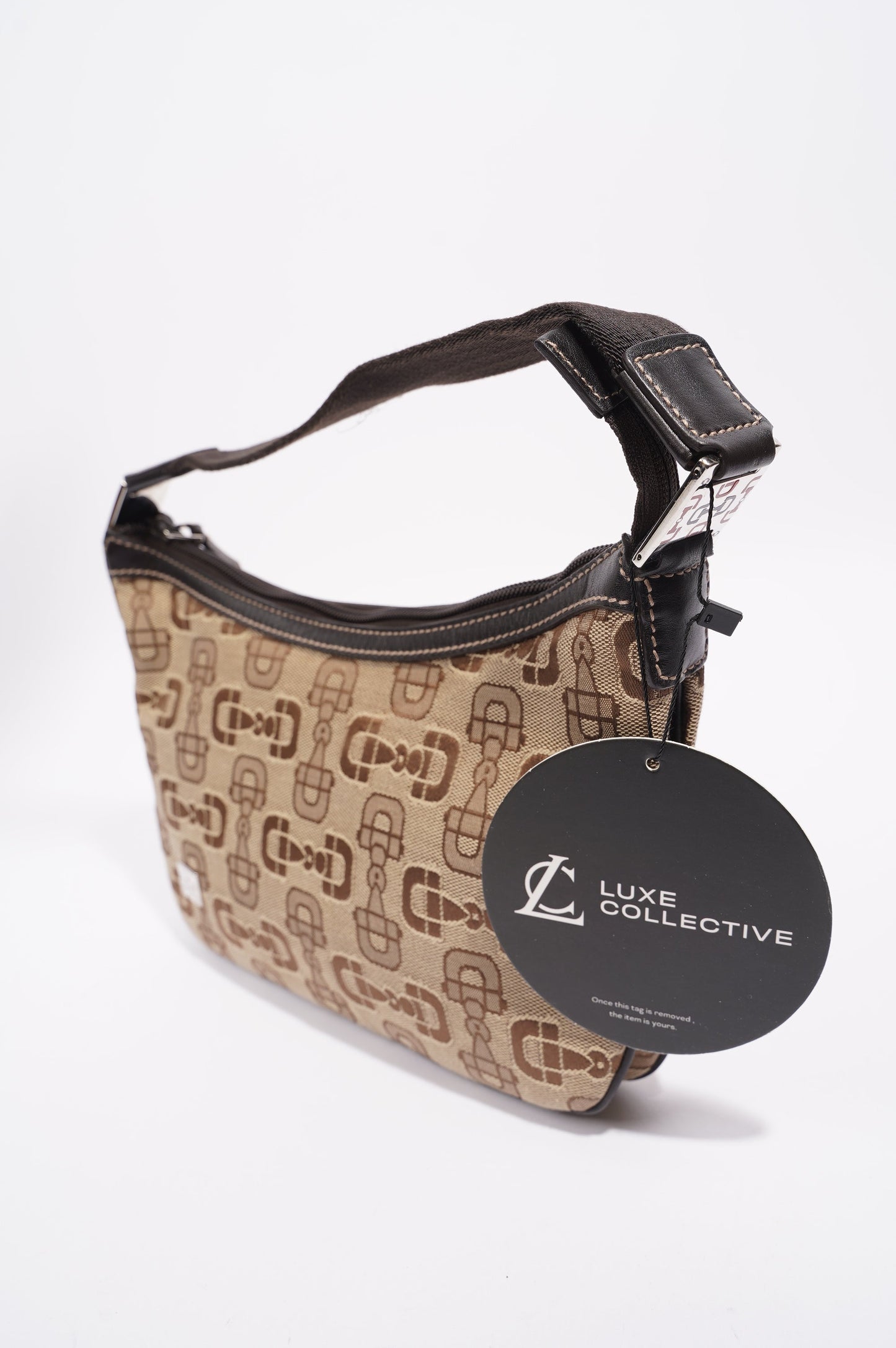 Gucci Womens Horsebit Canvas Shoulder Bag Brown Large