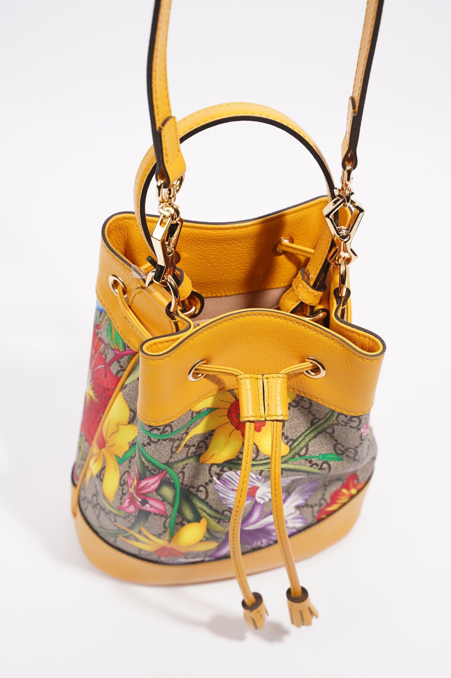 Gucci Womens Ophidia GG Flora Bucket Bag Yellow / Floral Canvas