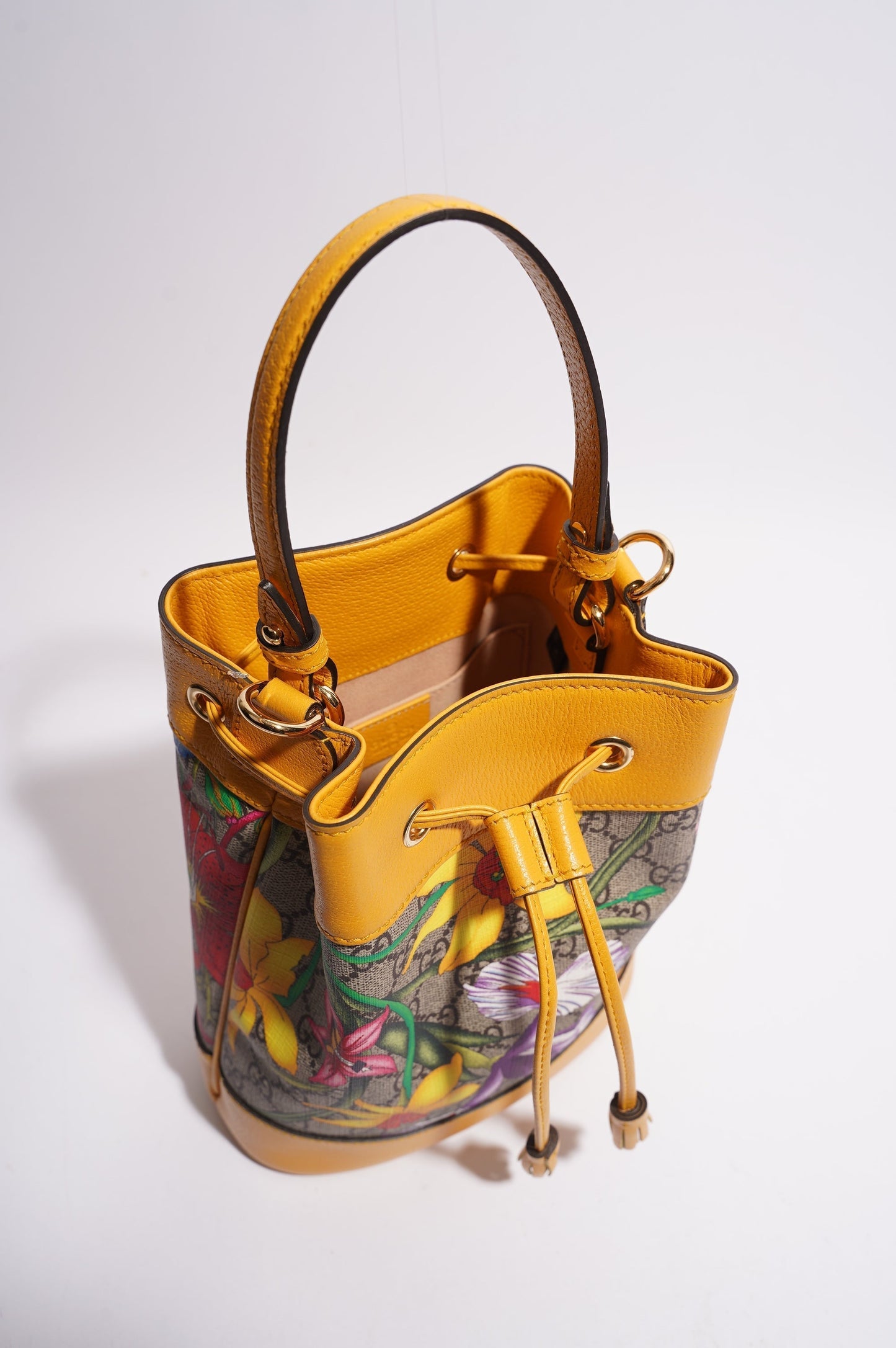 Gucci Womens Ophidia GG Flora Bucket Bag Yellow / Floral Canvas