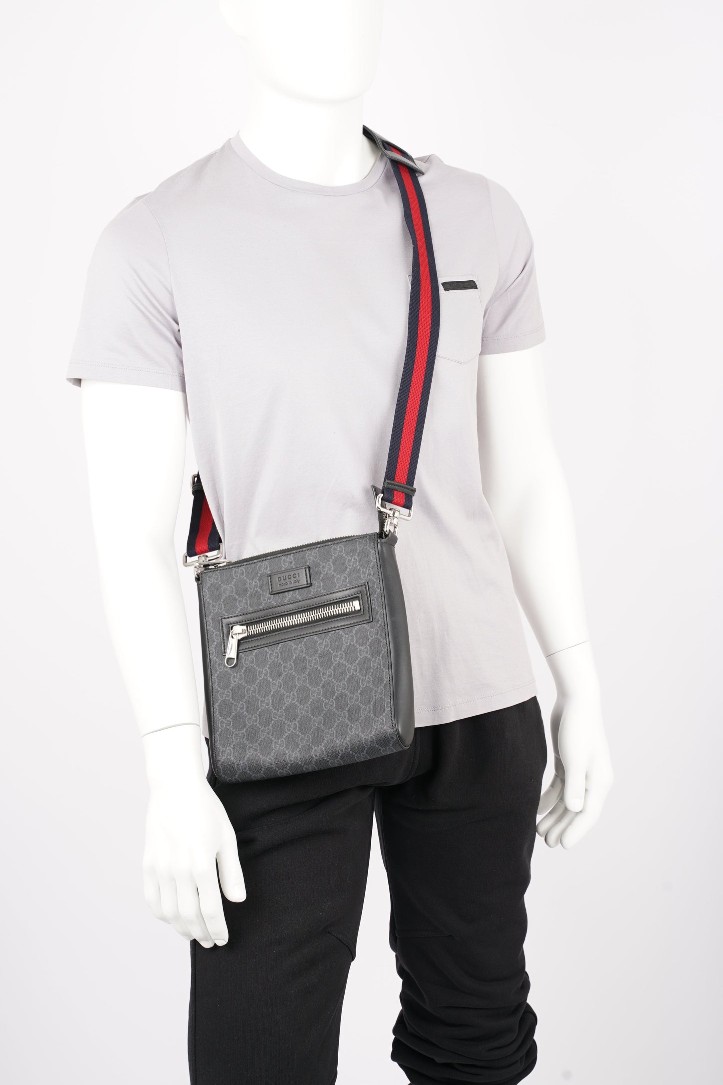 Gucci Mens GG Black Messenger Bag Black Canvas Small