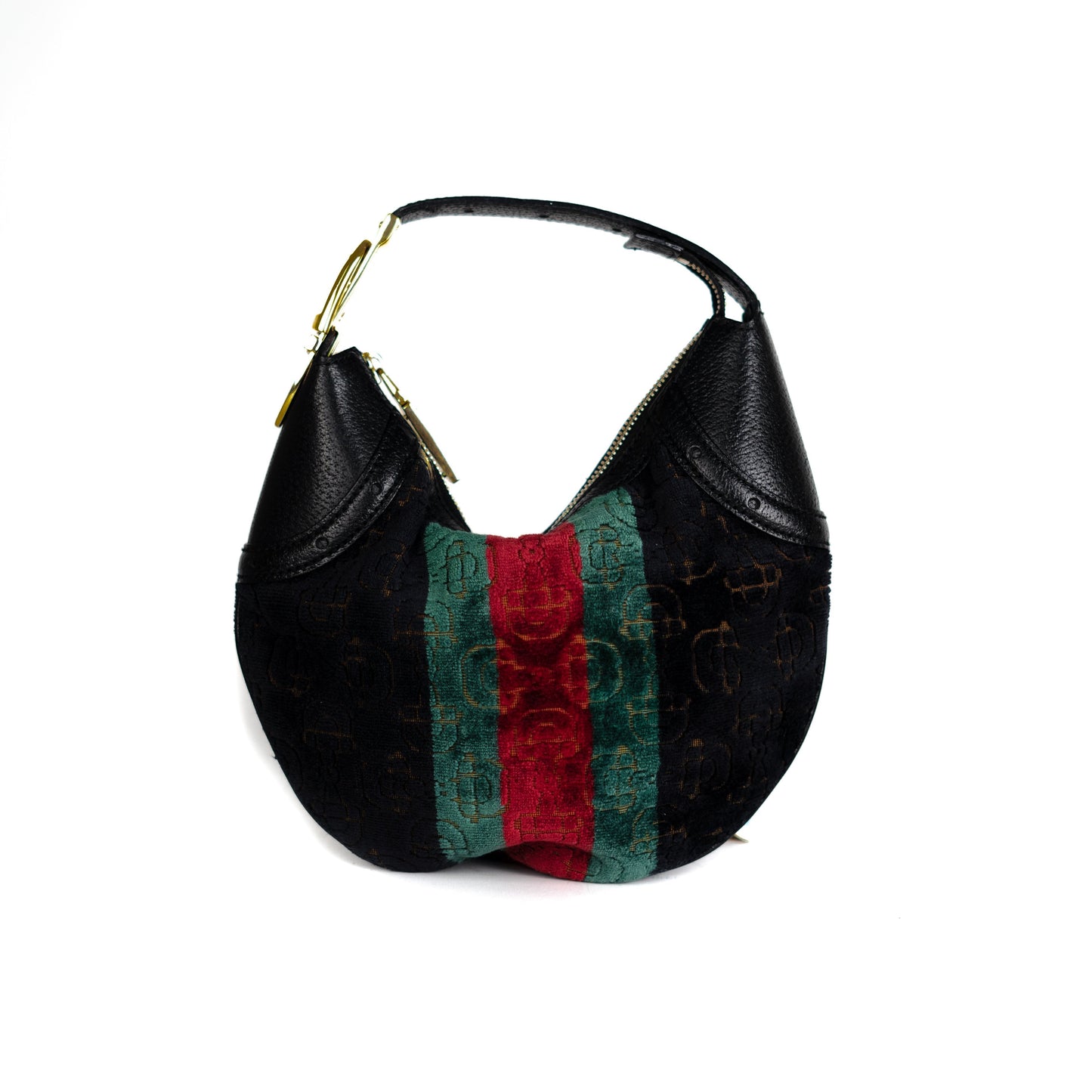 Gucci Velvet Horsebit Embossed Glam Hobo Black