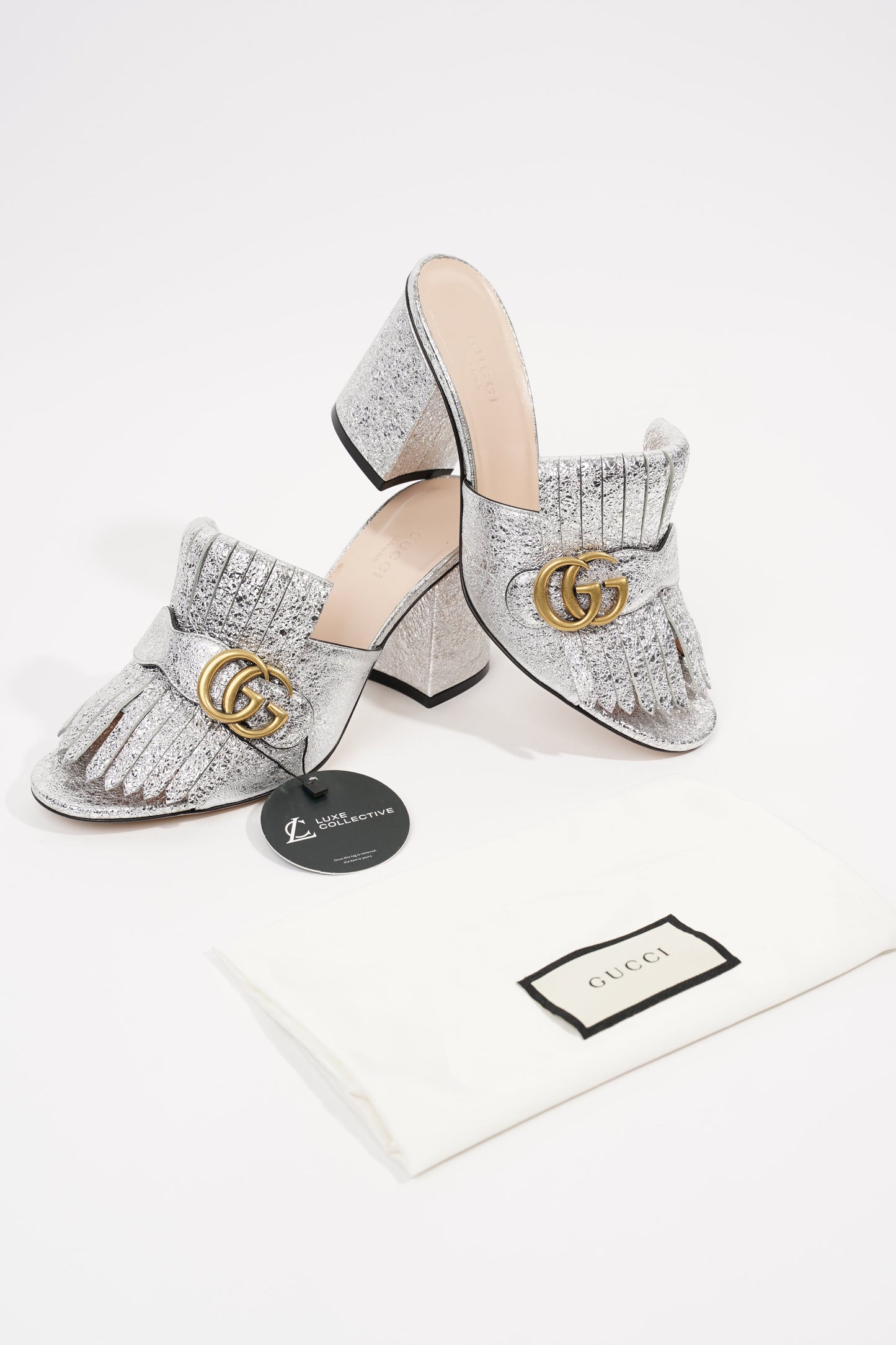 Gucci Womens Marmont Fringe Sandal Silver EU 38 / UK 5