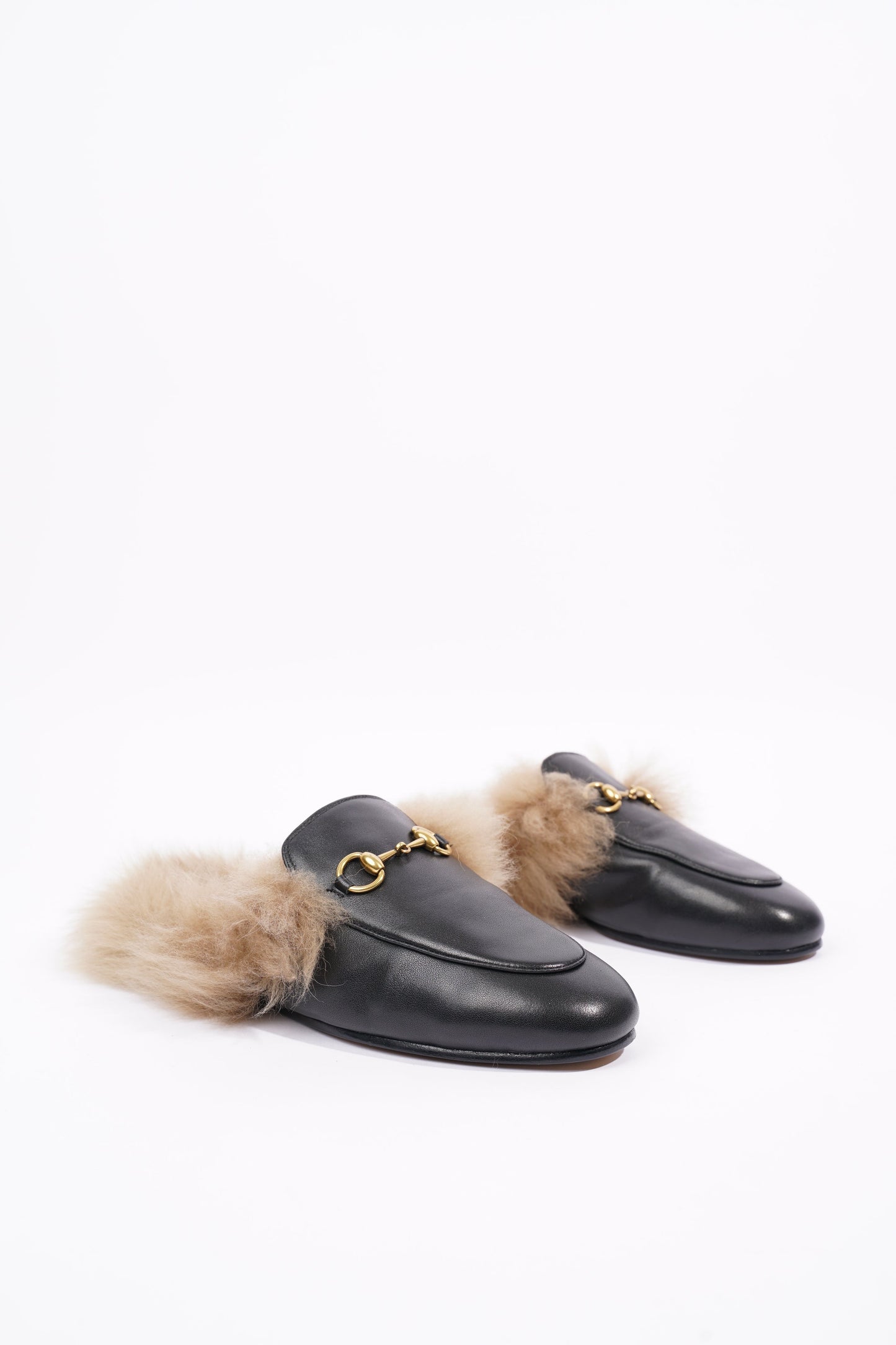 Gucci Womens Princetown Fur Mules Black / Gold EU 37 / UK 4