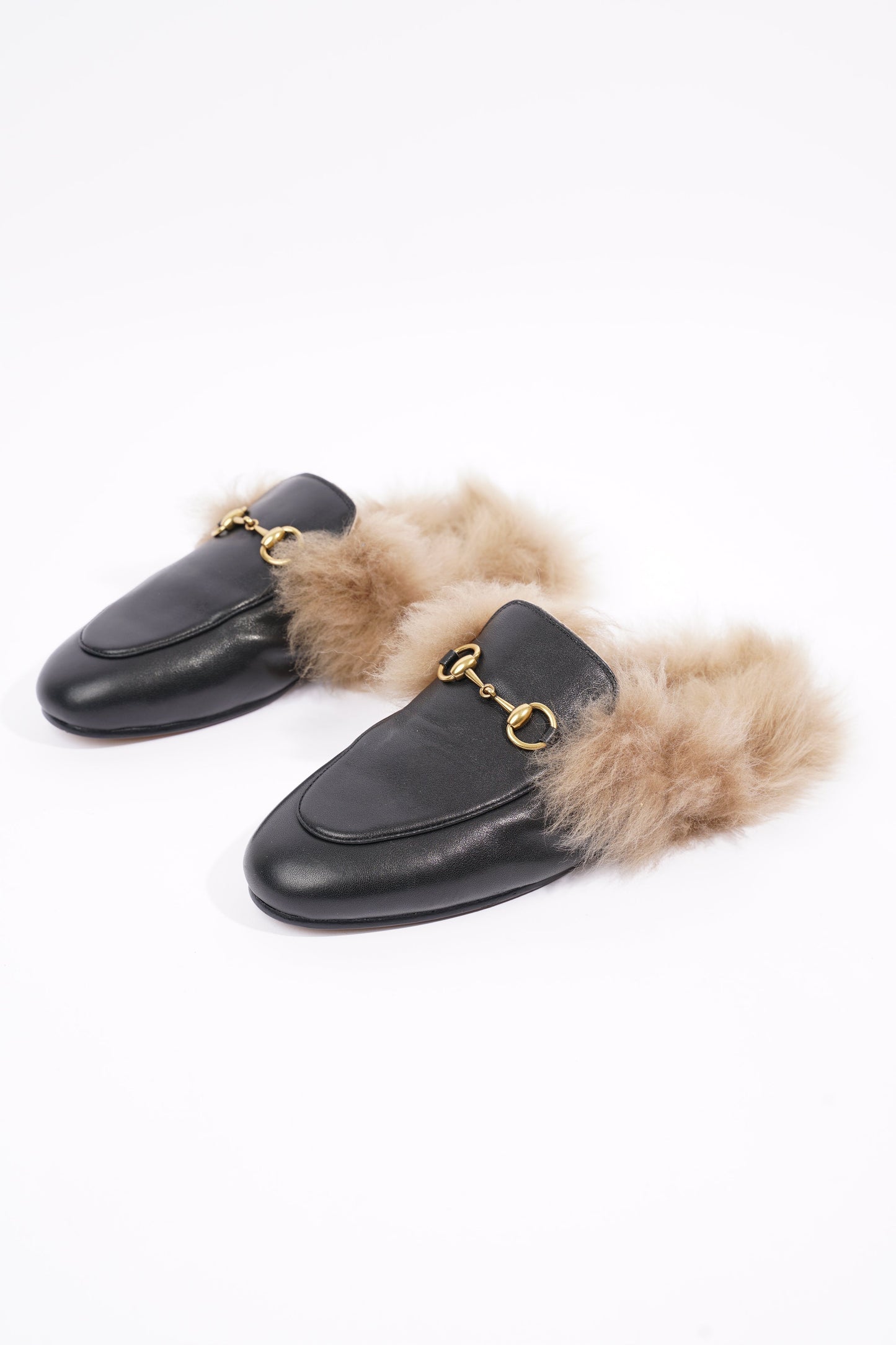 Gucci Womens Princetown Fur Mules Black / Gold EU 37 / UK 4