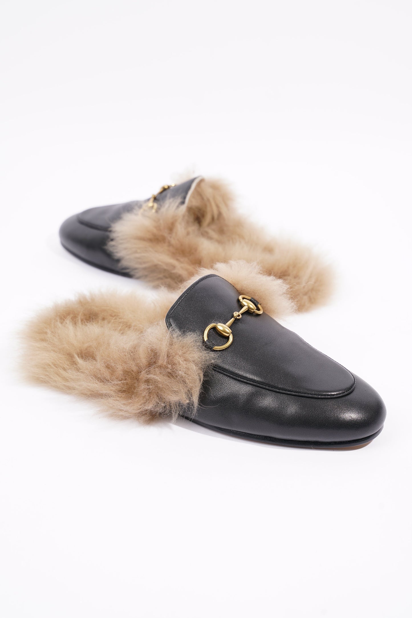 Gucci Womens Princetown Fur Mules Black / Gold EU 37 / UK 4