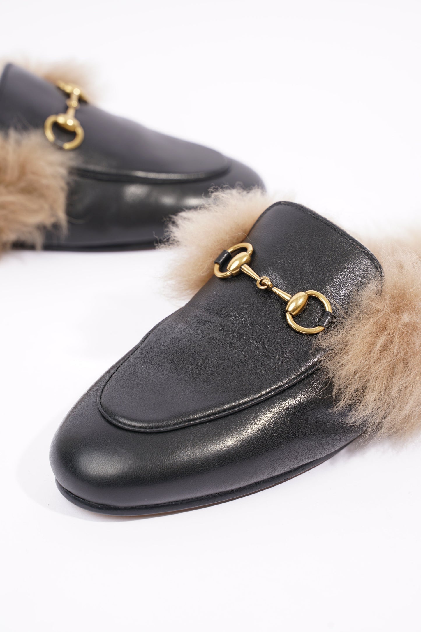 Gucci Womens Princetown Fur Mules Black / Gold EU 37 / UK 4