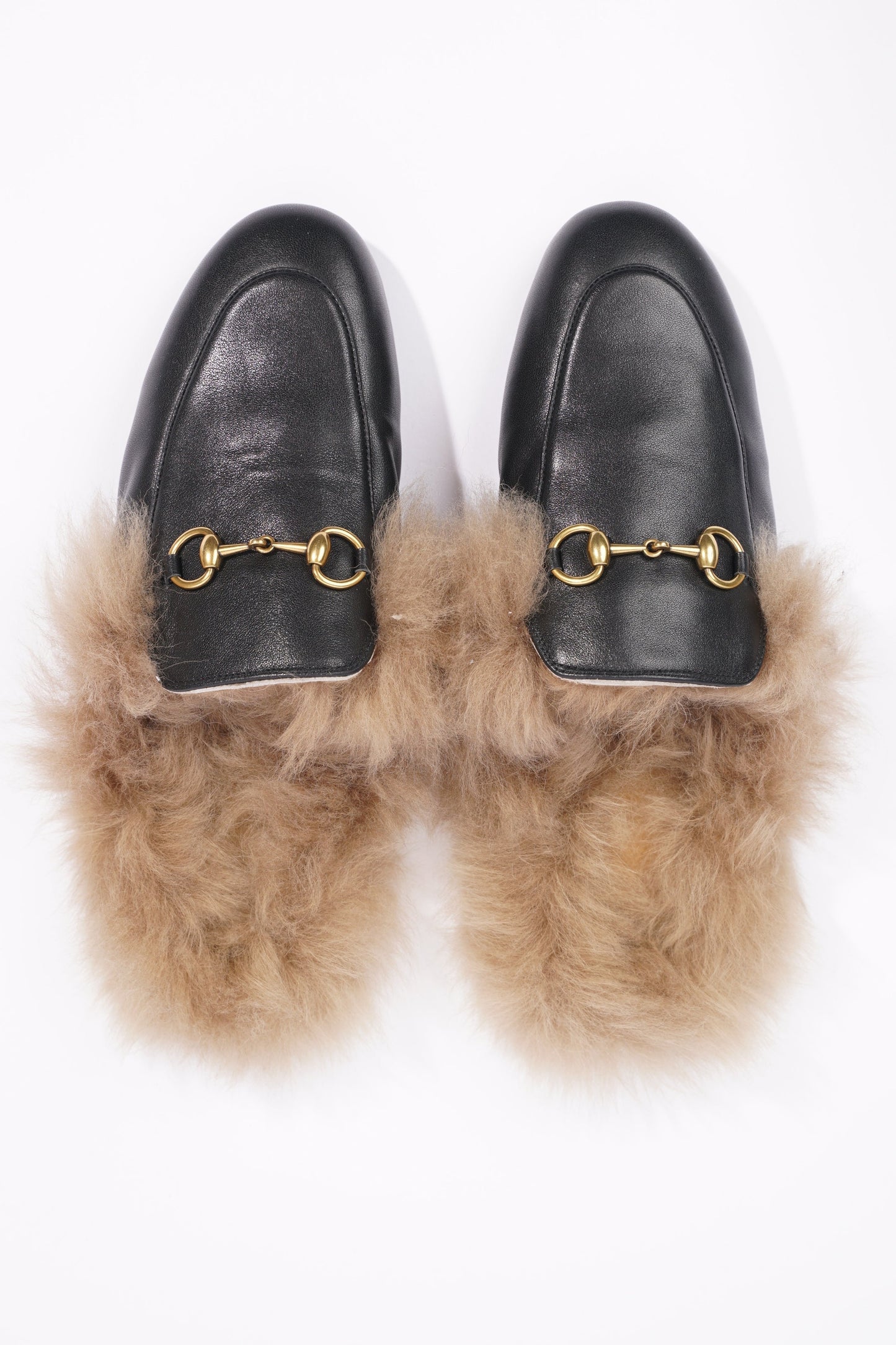 Gucci Womens Princetown Fur Mules Black / Gold EU 37 / UK 4