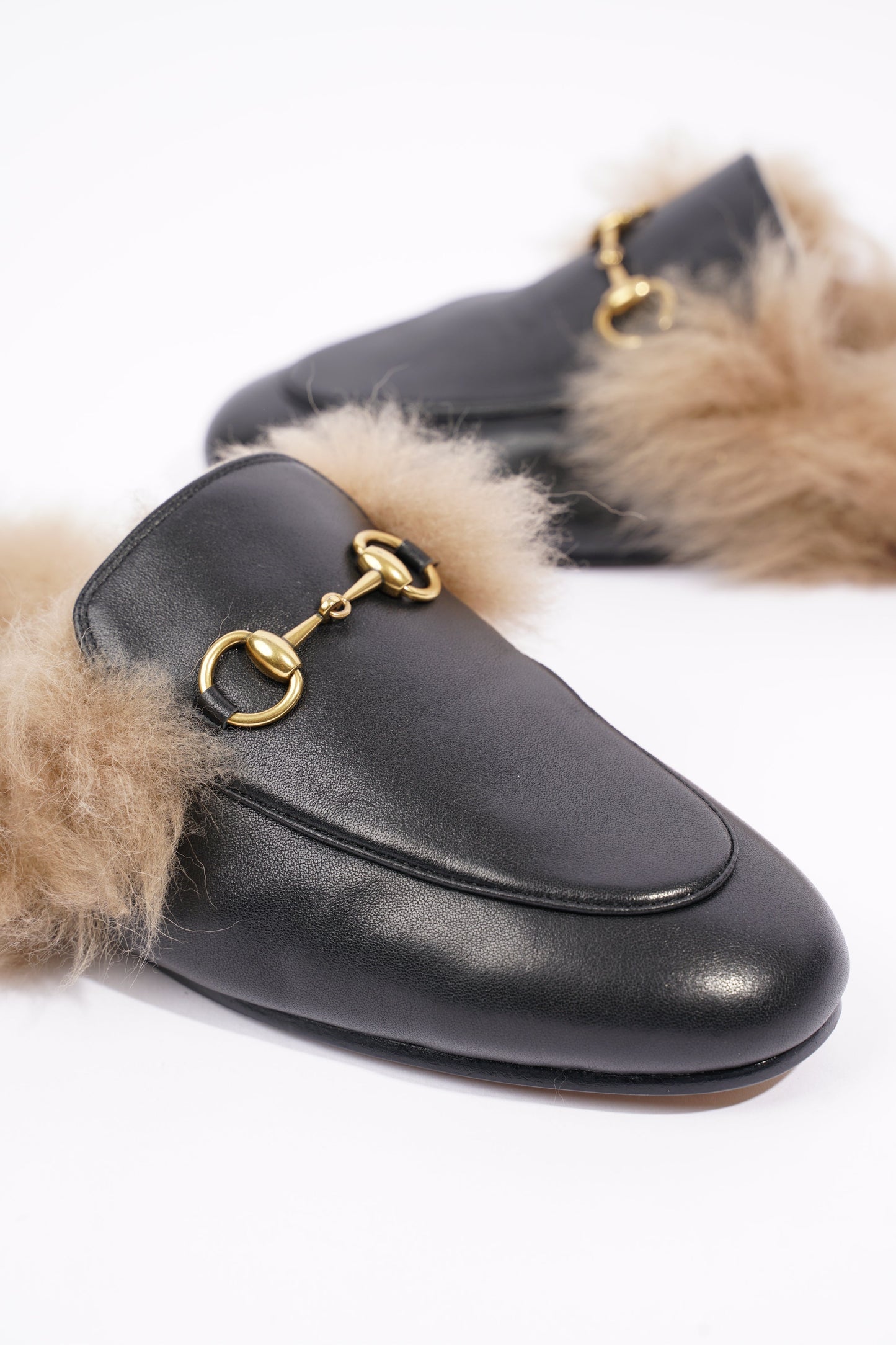 Gucci Womens Princetown Fur Mules Black / Gold EU 37 / UK 4