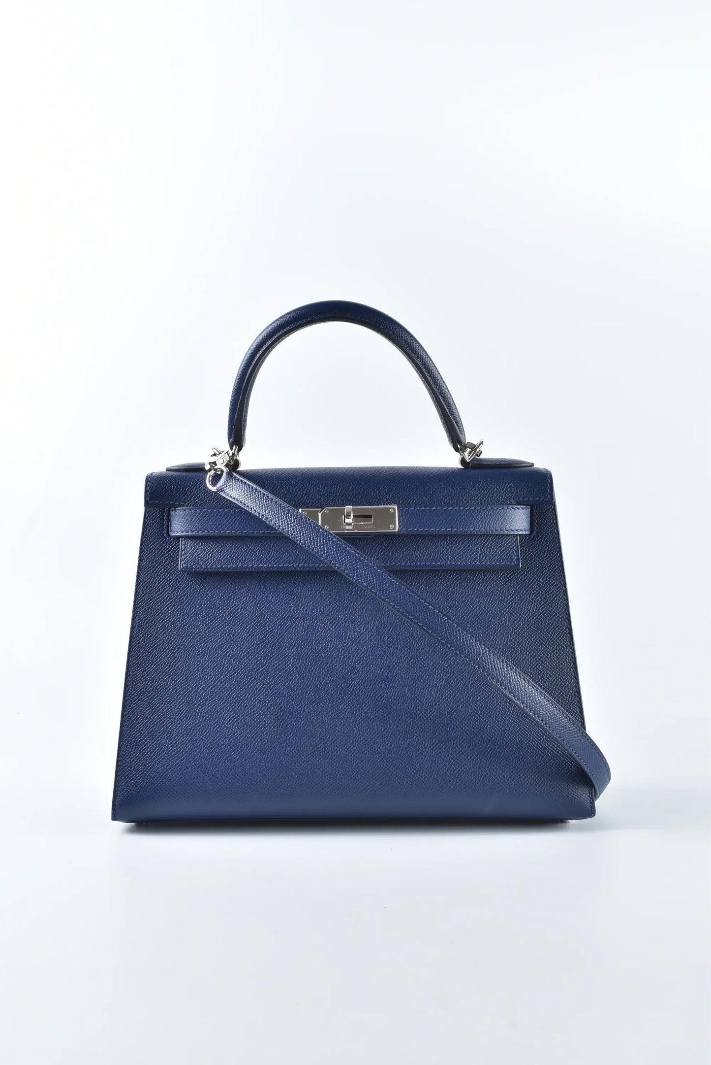 HERMES Kelly Bag Epsom Leather Handbag (25,28) navy  silver hardware