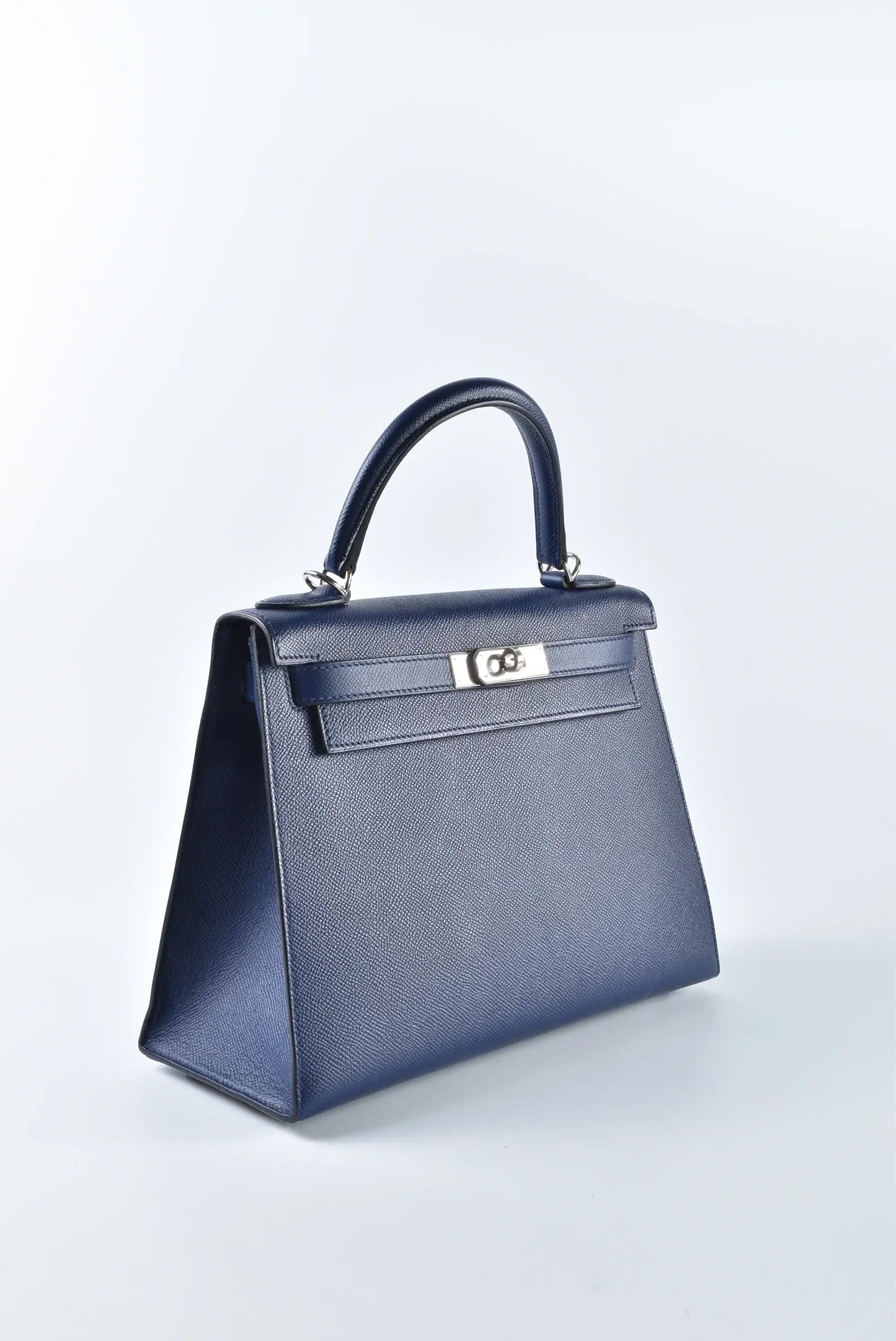 HERMES Kelly Bag Epsom Leather Handbag (25,28) navy  silver hardware