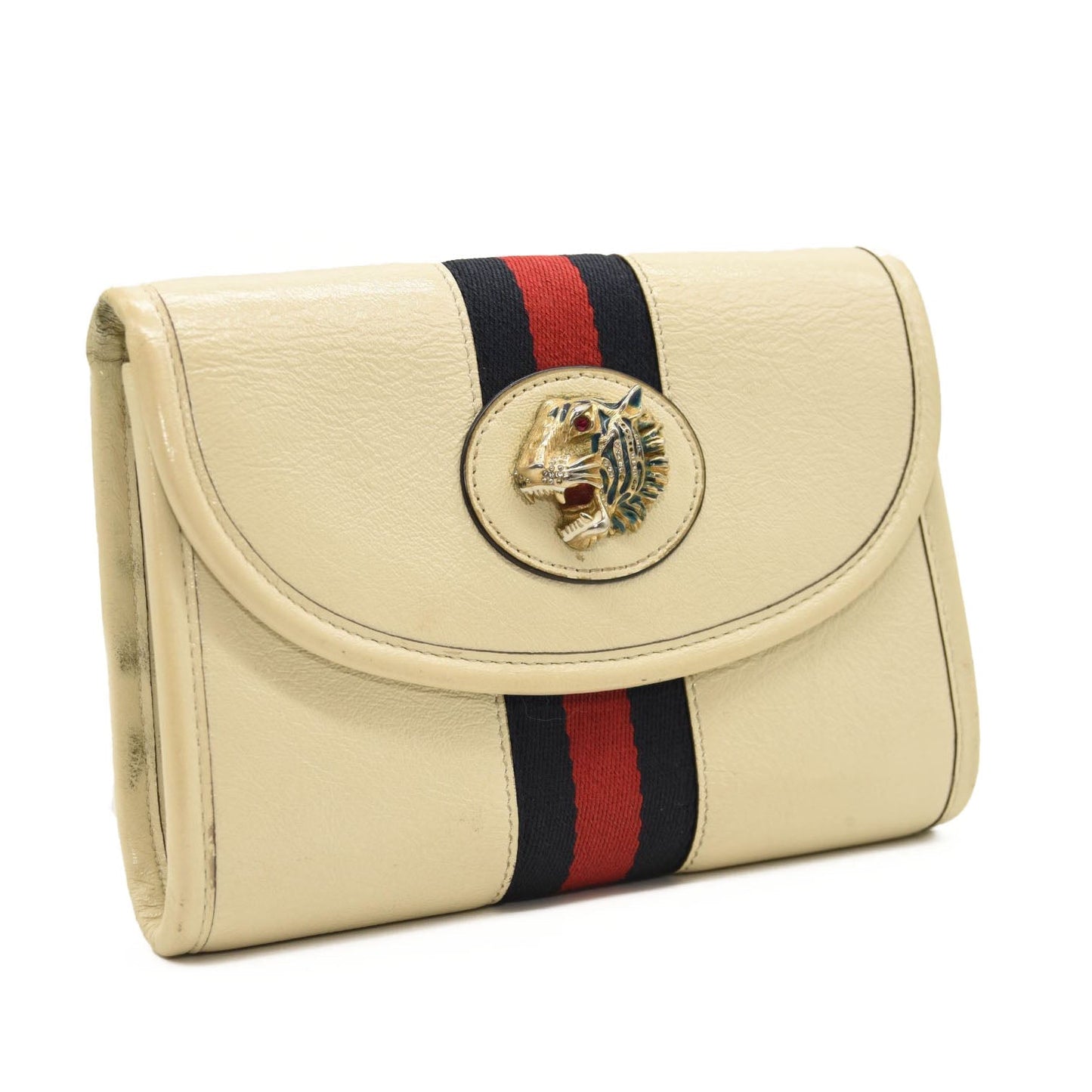 GUCCI Textured Calfskin Web Mini Rajah Slim Flap Shoulder Bag Mystic White