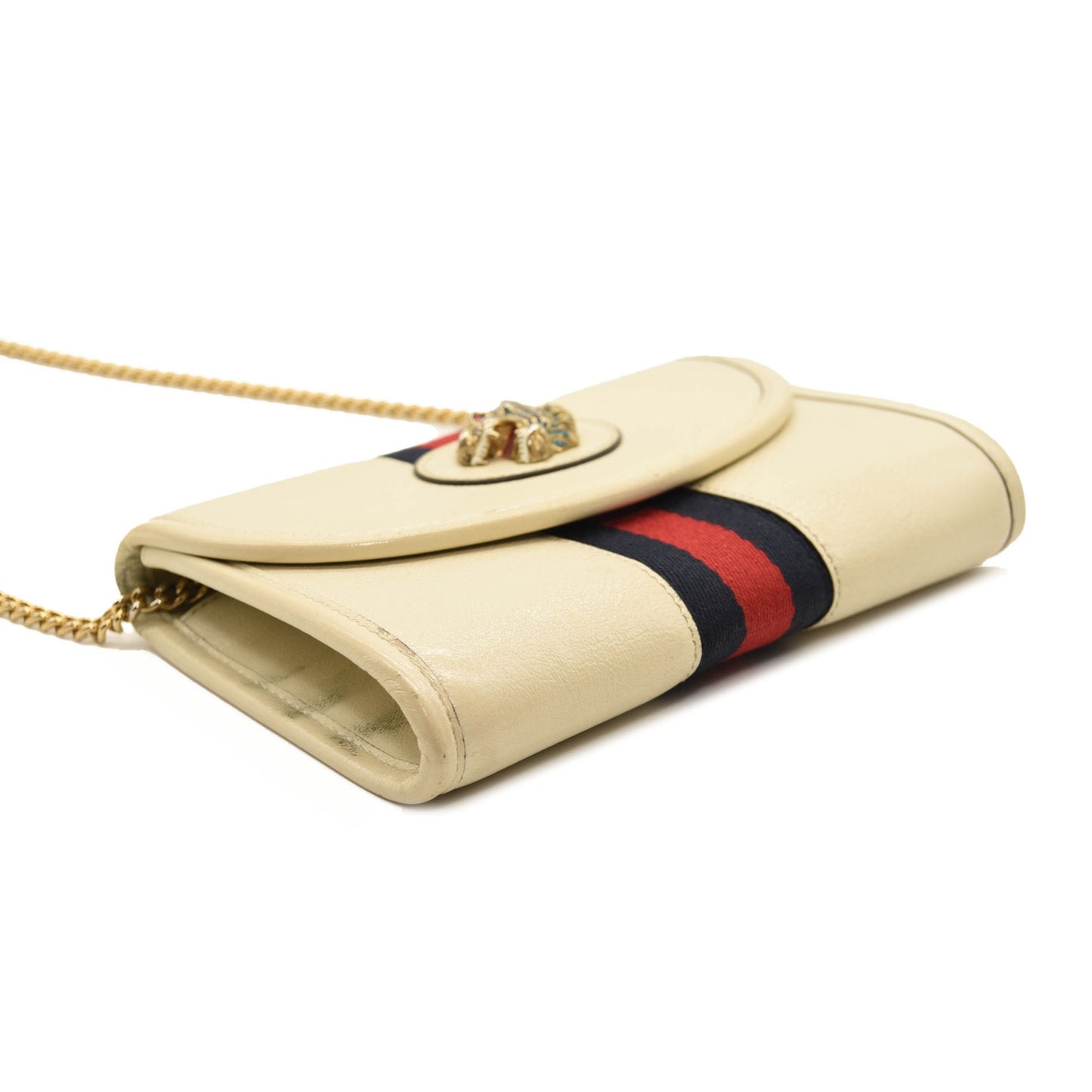 GUCCI Textured Calfskin Web Mini Rajah Slim Flap Shoulder Bag Mystic White
