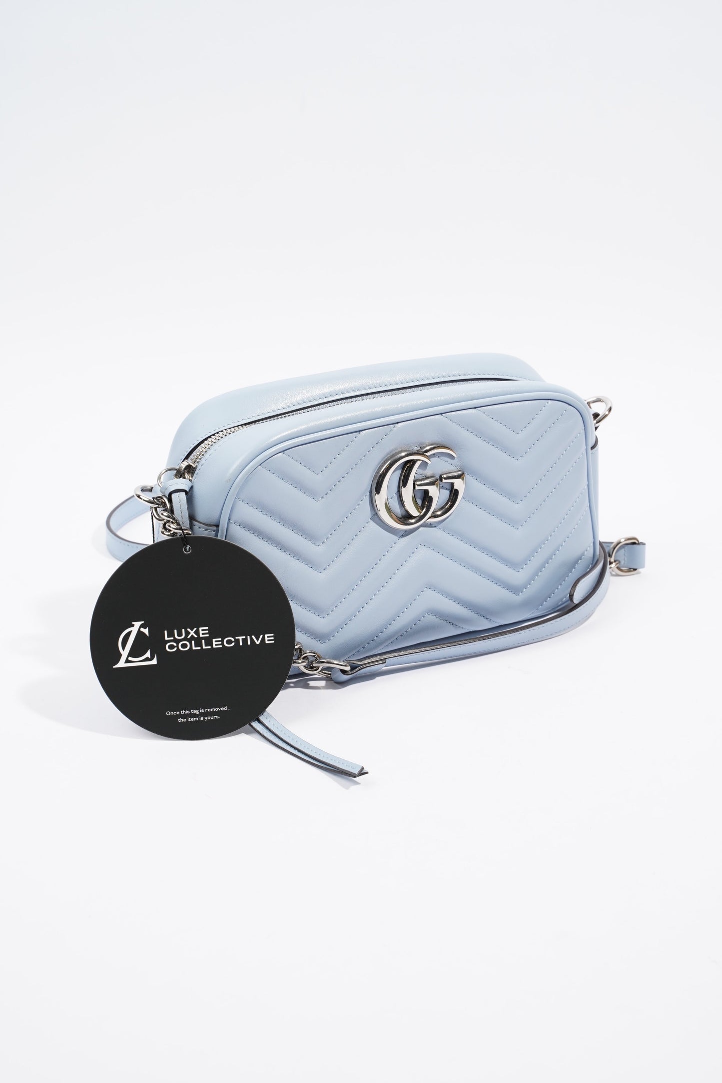 Gucci Marmont Zip Baby Blue Matelasse Leather Small