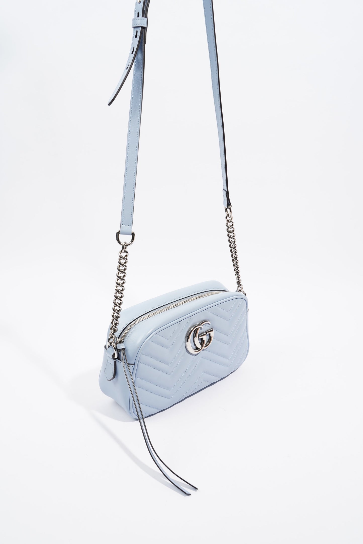 Gucci Marmont Zip Baby Blue Matelasse Leather Small