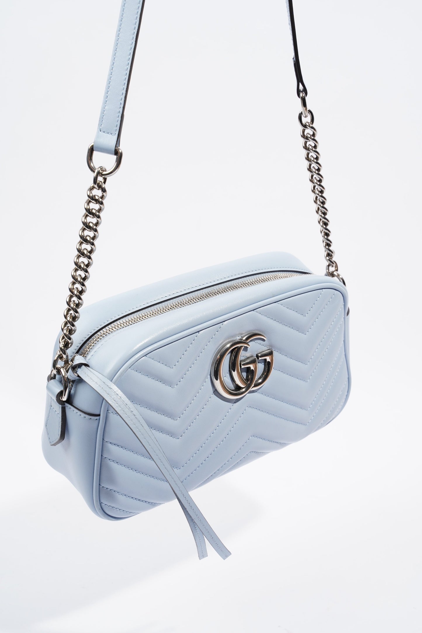 Gucci Marmont Zip Baby Blue Matelasse Leather Small