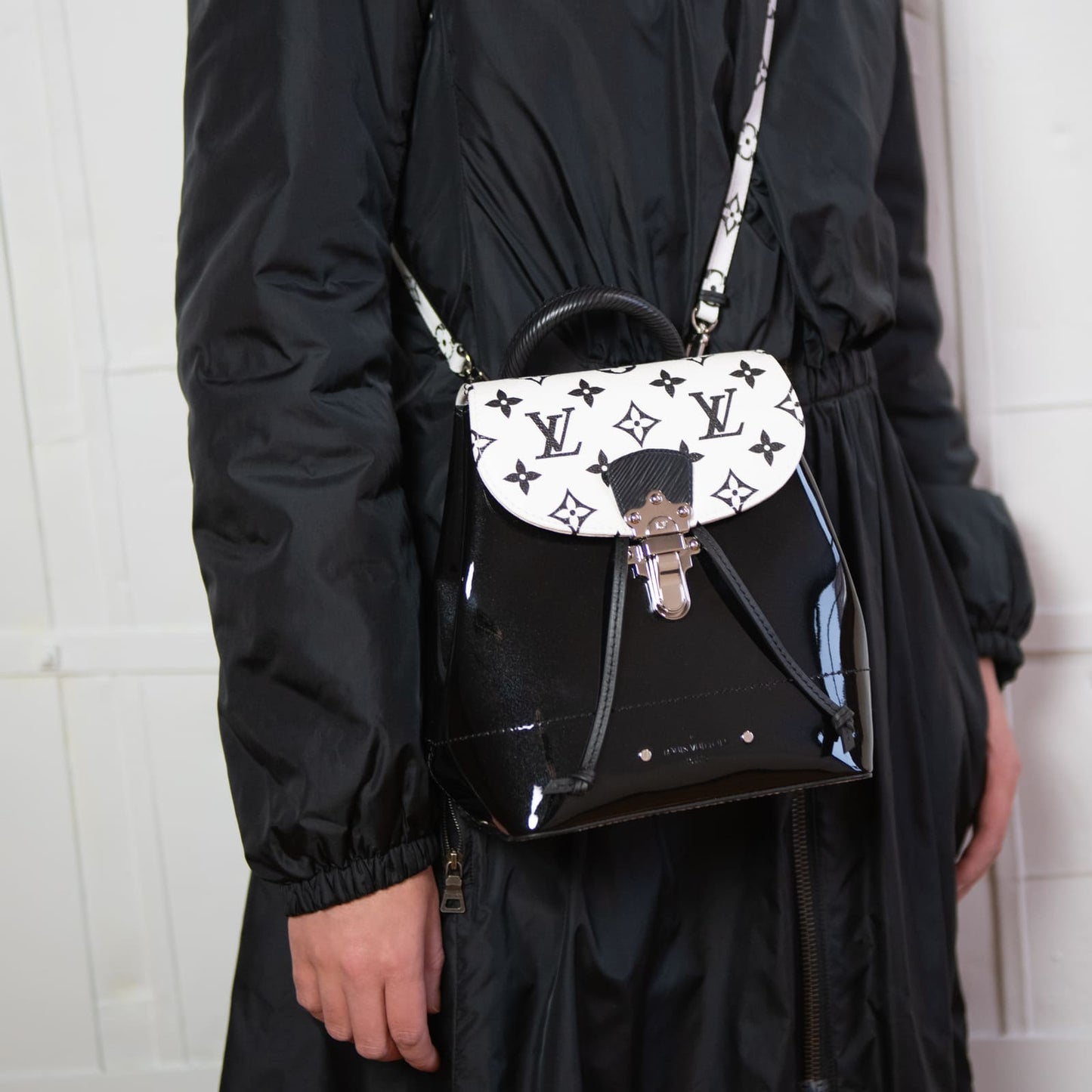 Louis Vuitton Black & White Monogram Patent Hot Springs Backpack