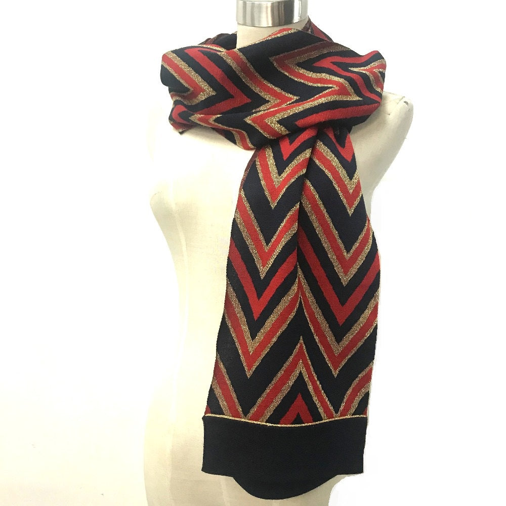 GUCCI Scarf wool Navy x Gold x Red V line mens Used