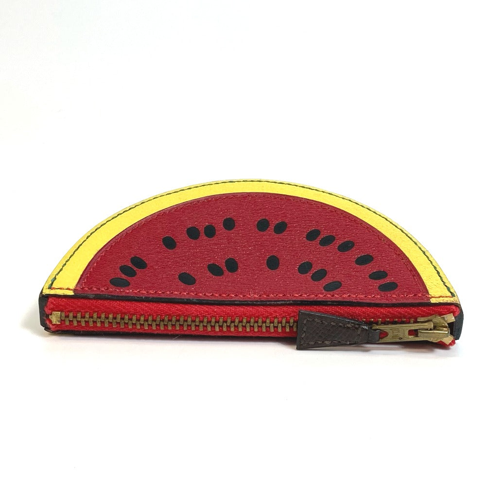 HERMES Coin case leather red x yellow x green watermelon unisex(Unisex) Used