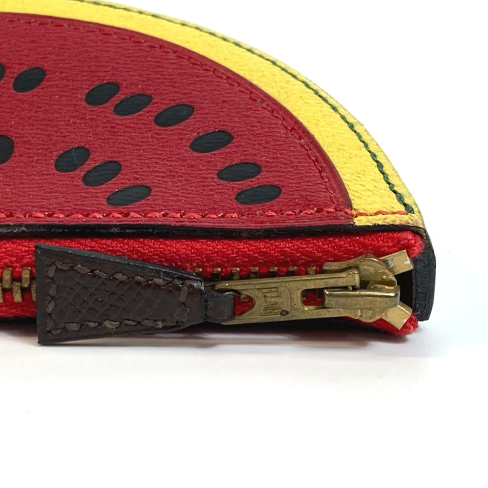 HERMES Coin case leather red x yellow x green watermelon unisex(Unisex) Used