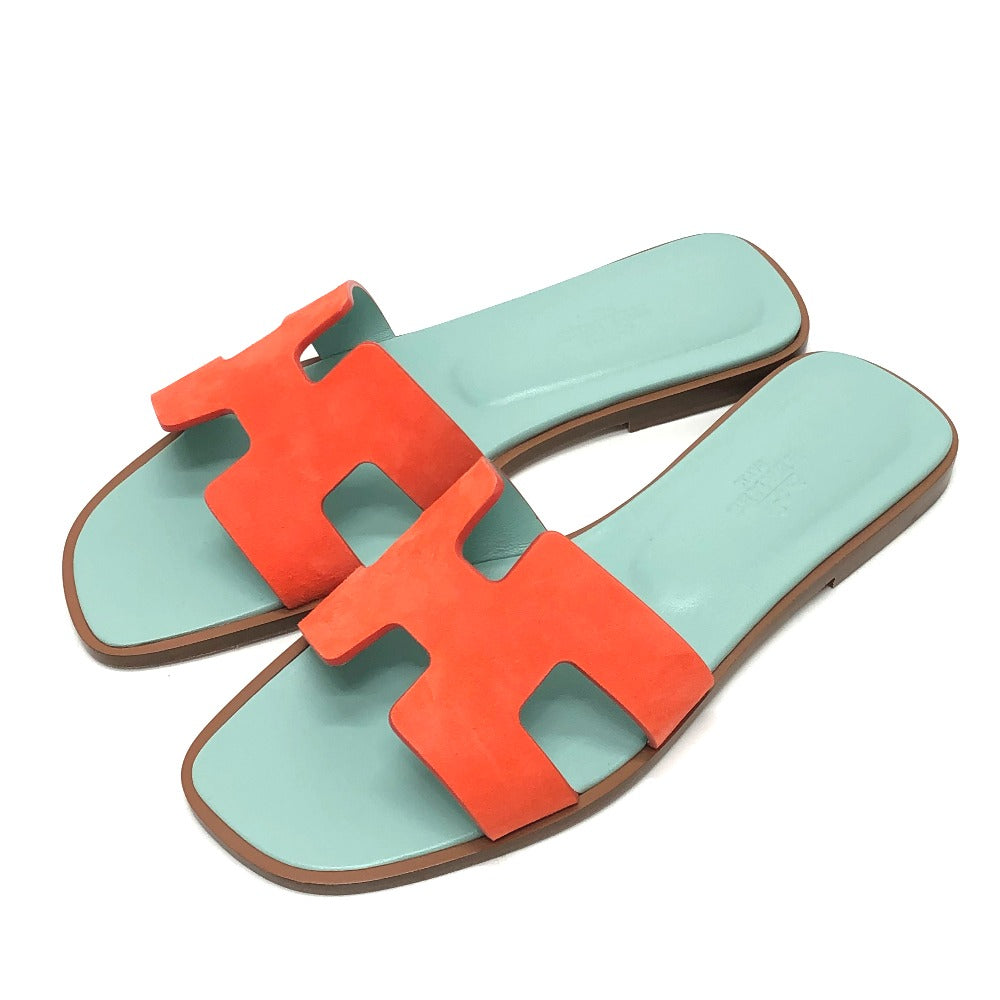 HERMES Sandals Leather / suede Orange H logo Oasis 36.5