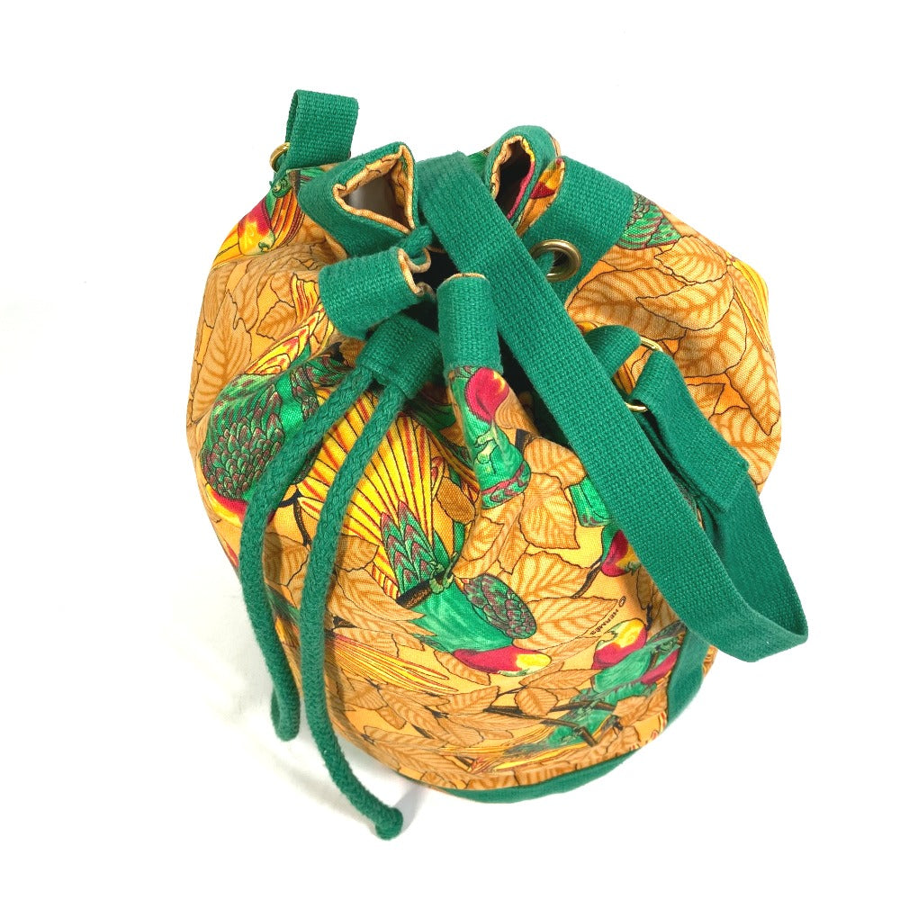 HERMES Shoulder Bag cotton Orange one belt Flower Parrot Bird Pattern Purse Women Used