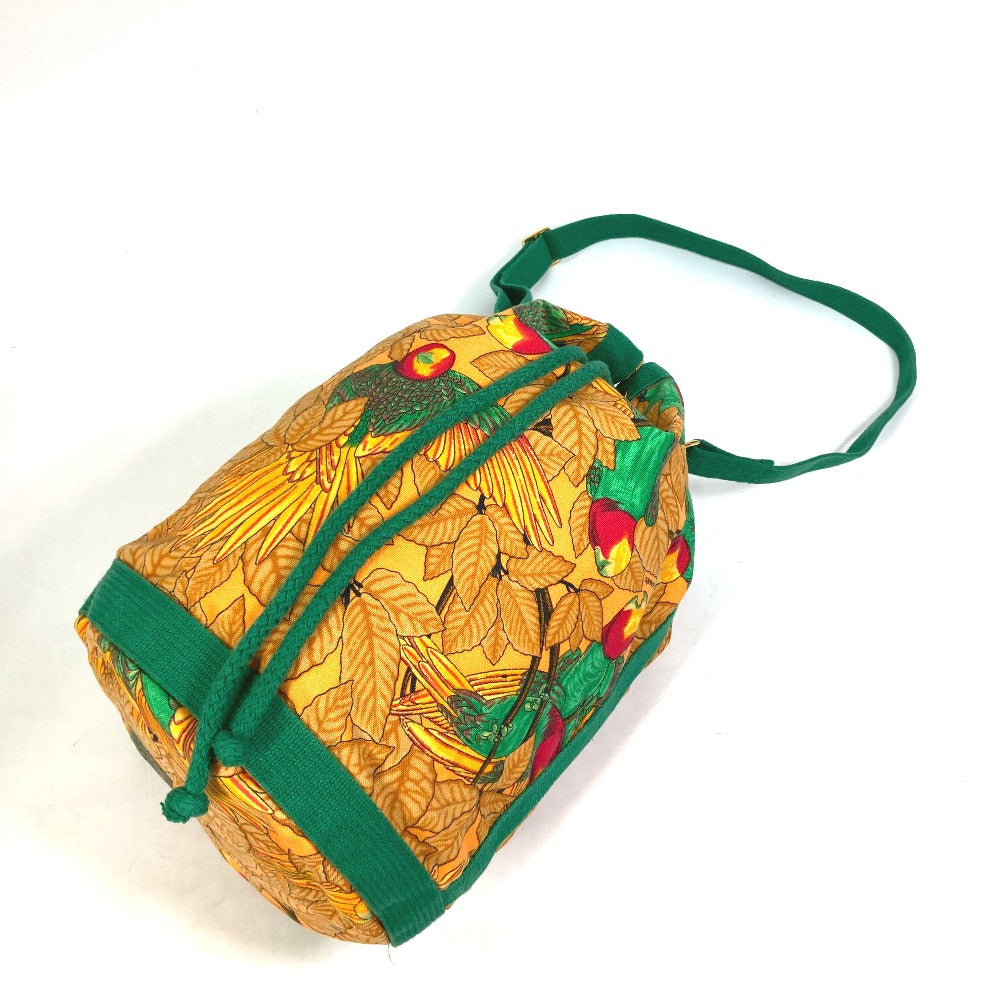 HERMES Shoulder Bag cotton Orange one belt Flower Parrot Bird Pattern Purse Women Used