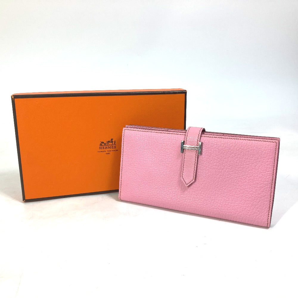 HERMES Long Wallet Purse Shave pink Long Wallet HMetal Bane Souffle Women Used