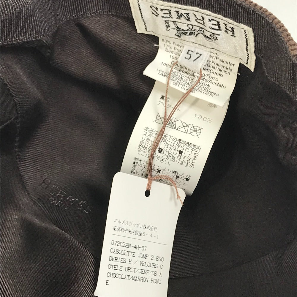 HERMES cap 072022N polyester Brown H logo Corduroy Women 57 Used