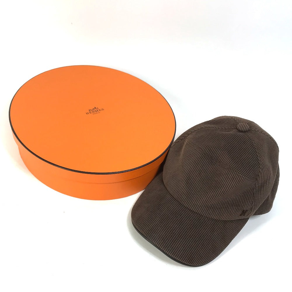 HERMES cap 072022N polyester Brown H logo Corduroy Women 57 Used