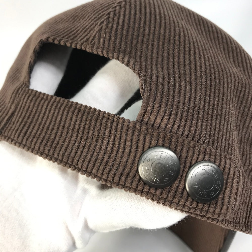 HERMES cap 072022N polyester Brown H logo Corduroy Women 57 Used